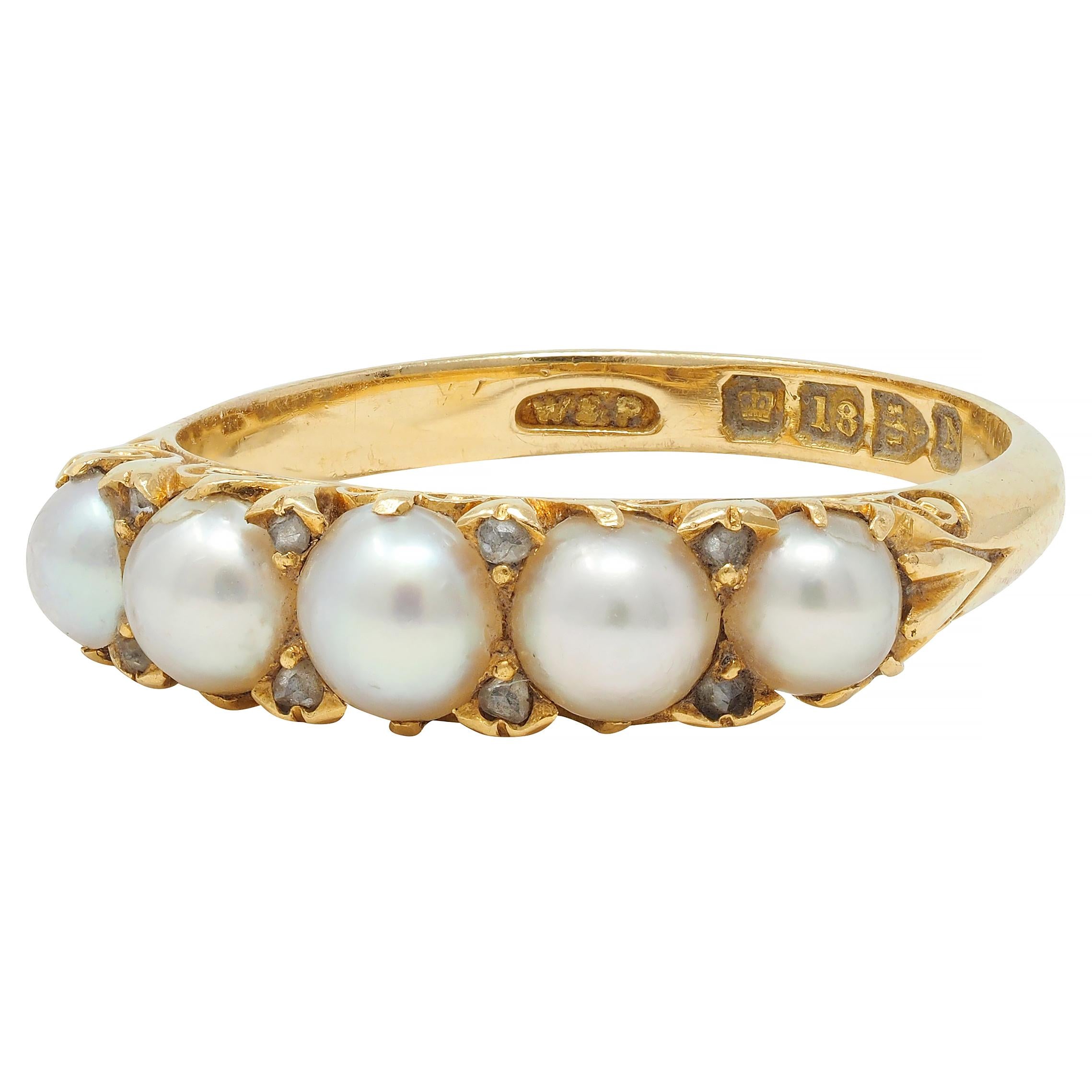Victorian Pearl Diamond 18 Karat Yellow Gold Scrolling Three Stone Band Ring