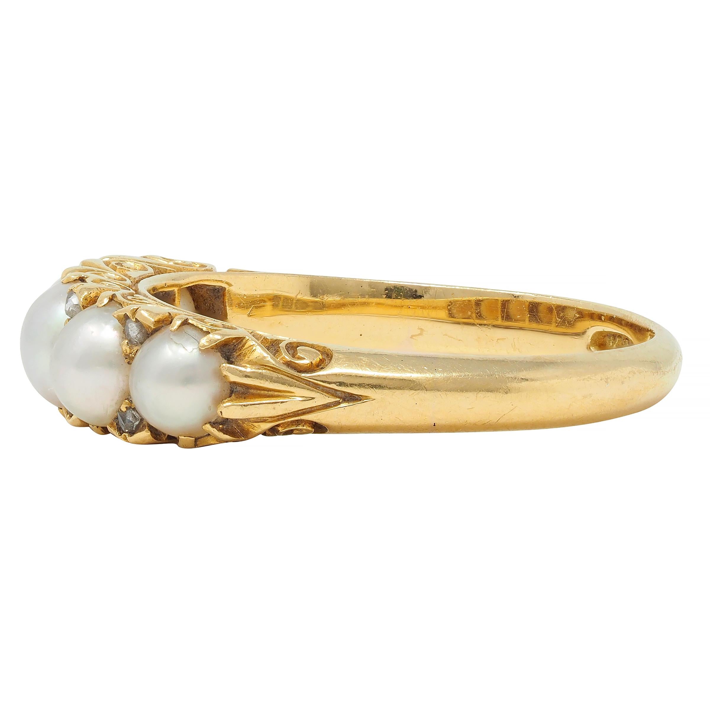 Victorian Pearl Diamond 18 Karat Yellow Gold Scrolling Three Stone Band Ring