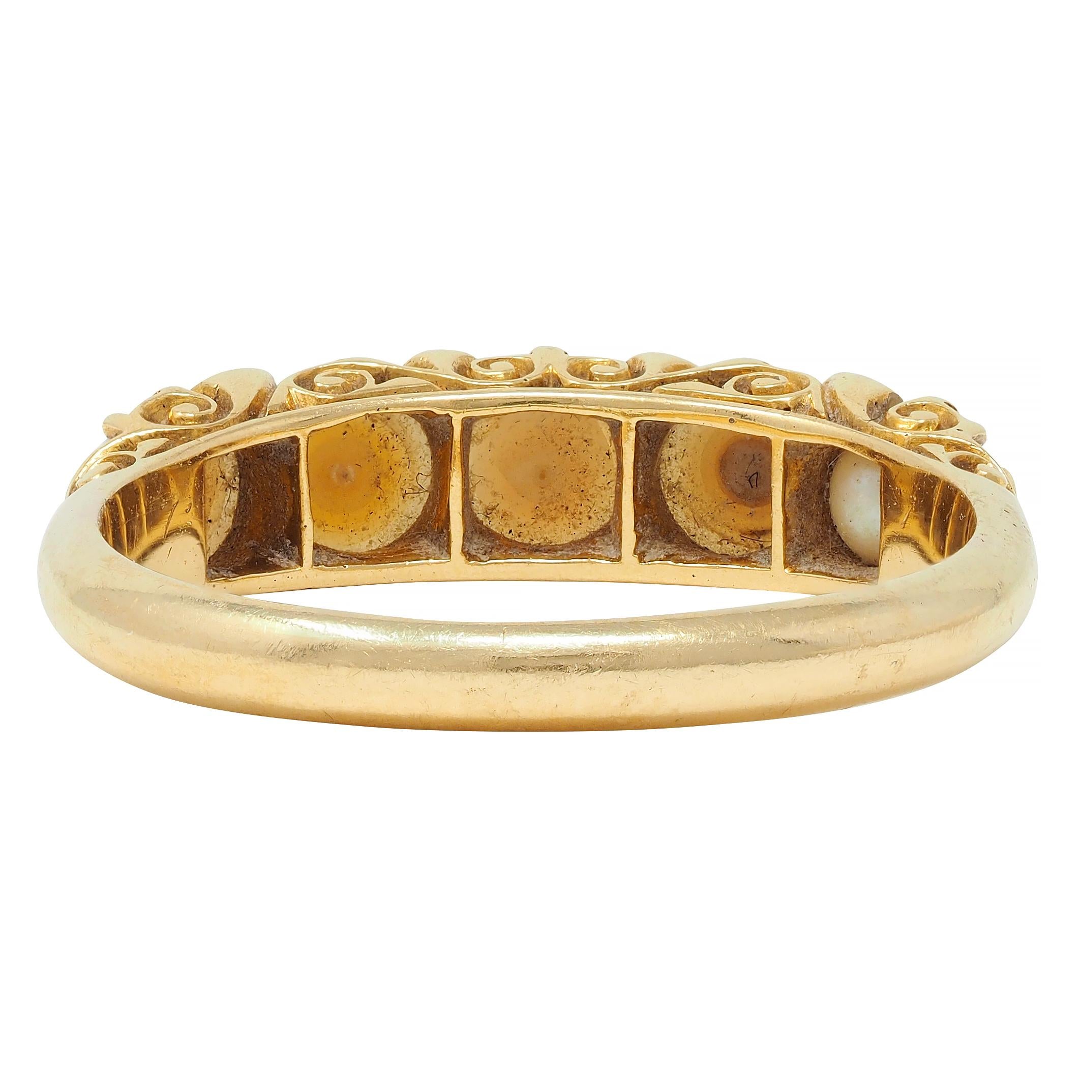 Victorian Pearl Diamond 18 Karat Yellow Gold Scrolling Three Stone Band Ring