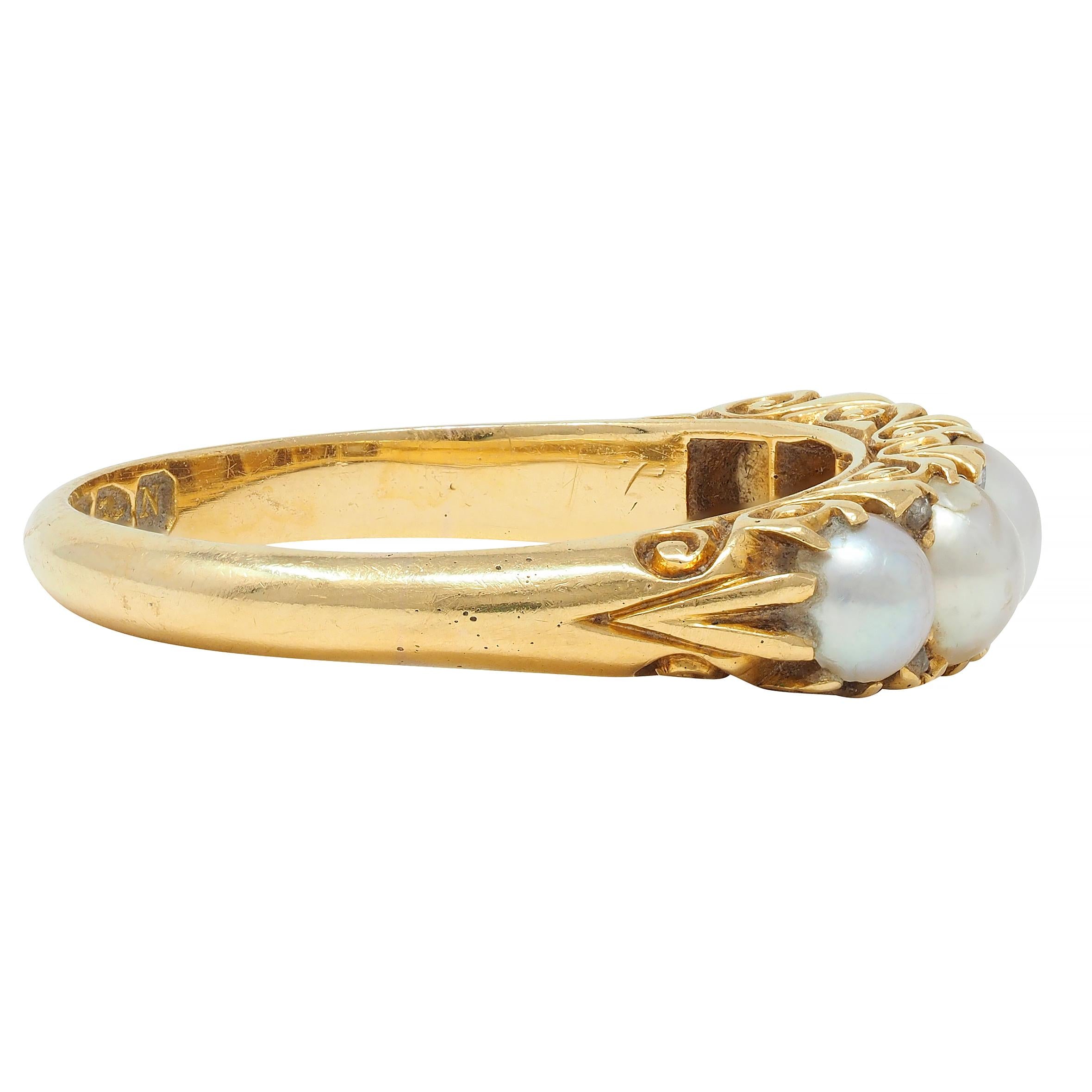Victorian Pearl Diamond 18 Karat Yellow Gold Scrolling Three Stone Band Ring