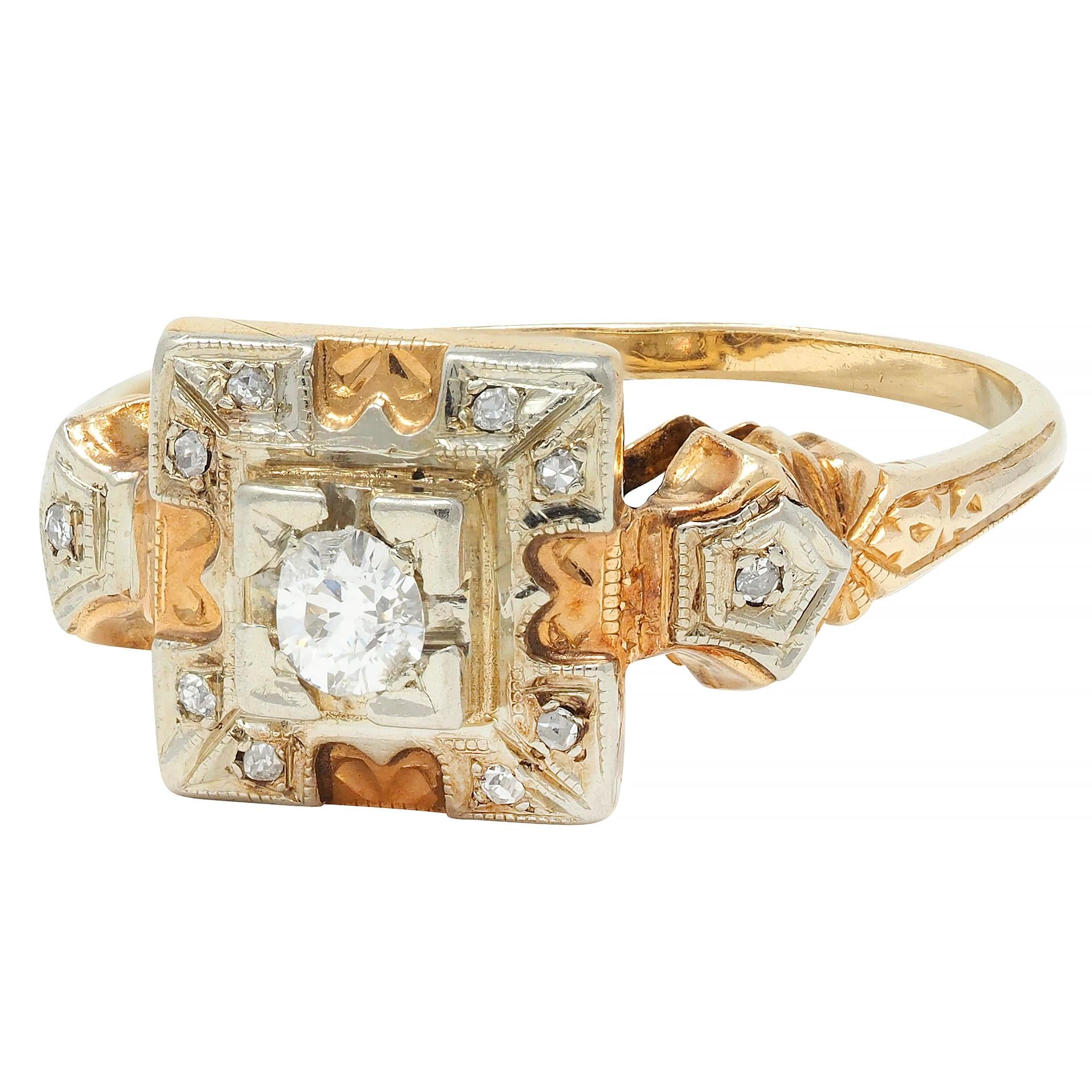 Early Art Deco Diamond 14 Karat Two Tone Square Form Antique Engagement Ring