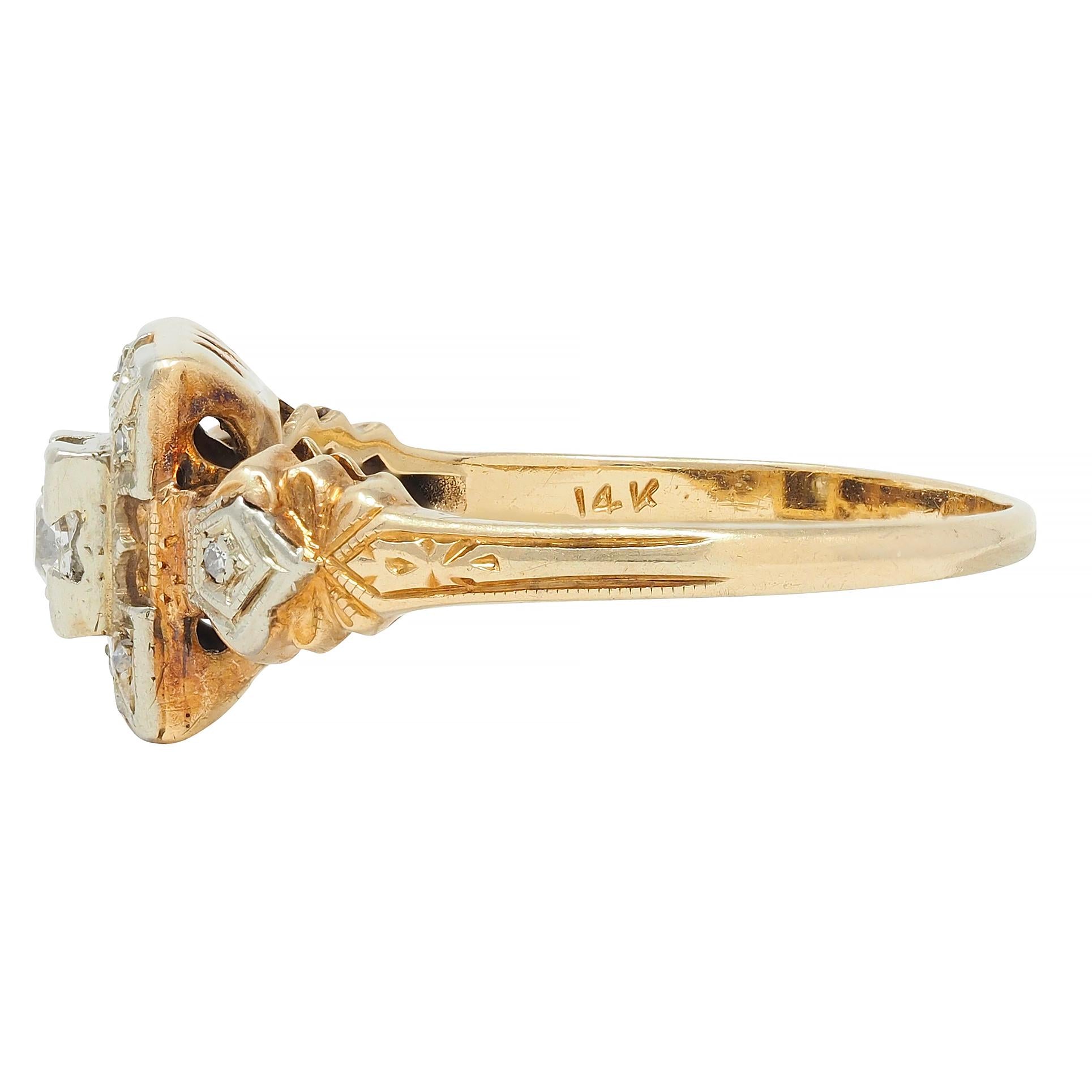 Early Art Deco Diamond 14 Karat Two Tone Square Form Antique Engagement Ring