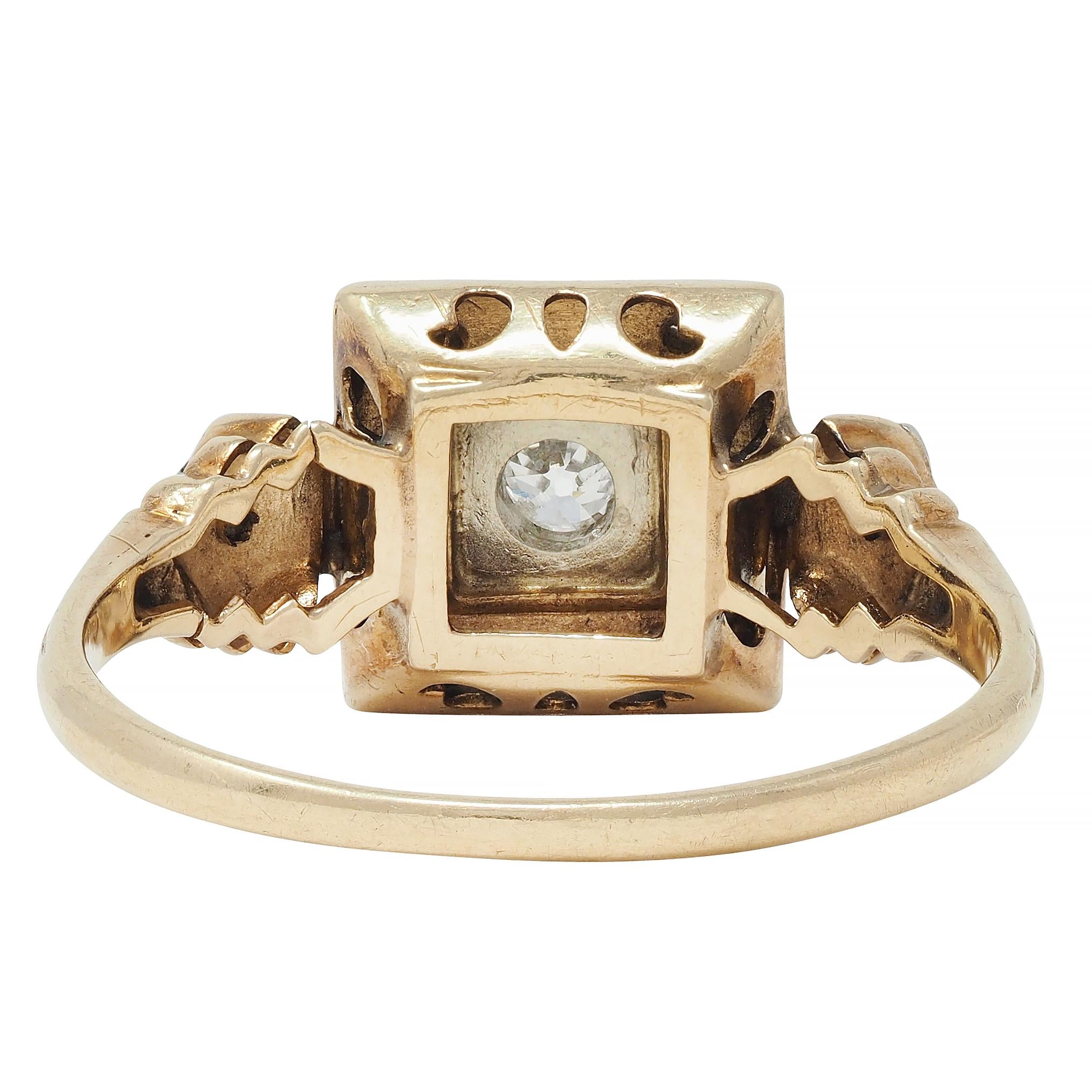 Early Art Deco Diamond 14 Karat Two Tone Square Form Antique Engagement Ring