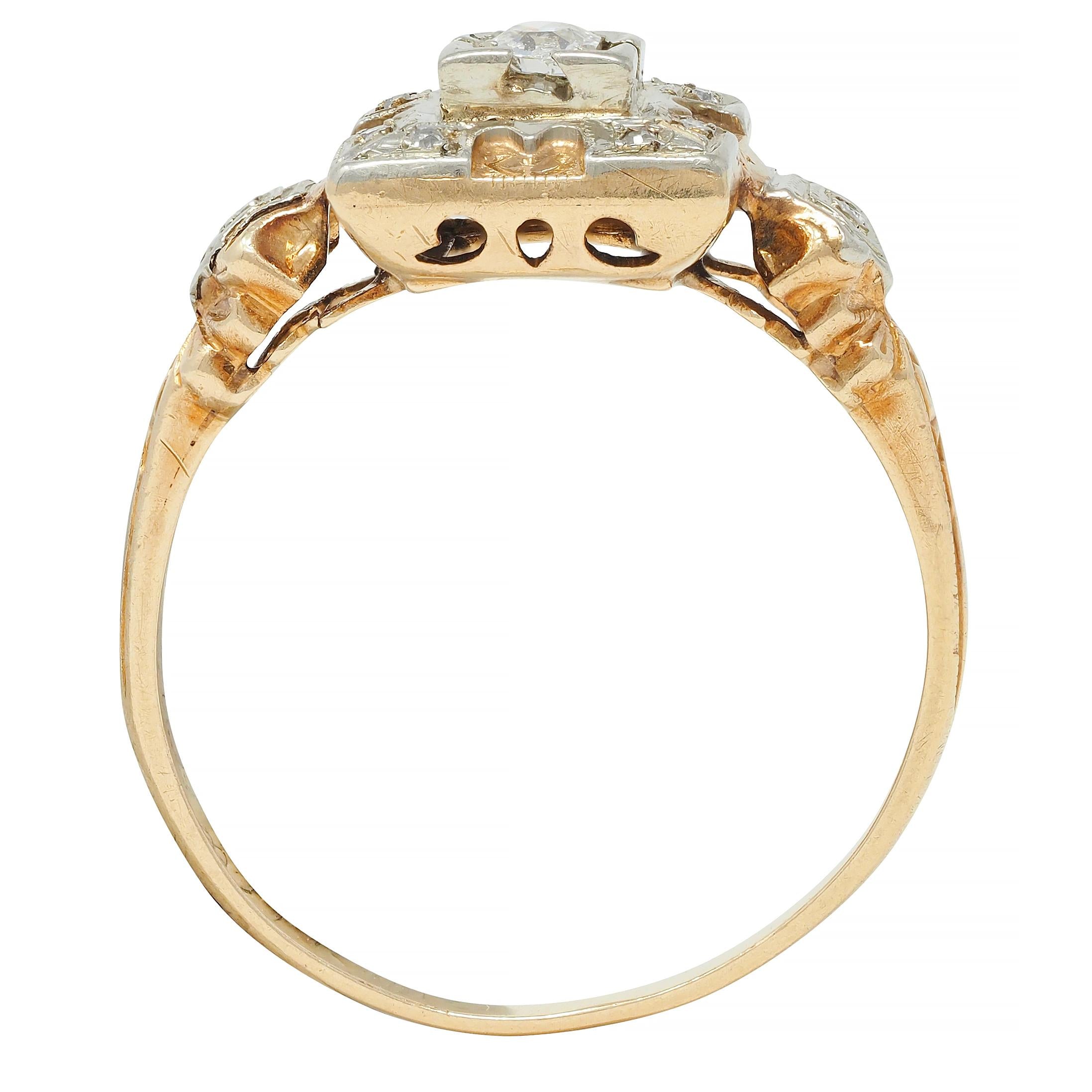 Early Art Deco Diamond 14 Karat Two Tone Square Form Antique Engagement Ring