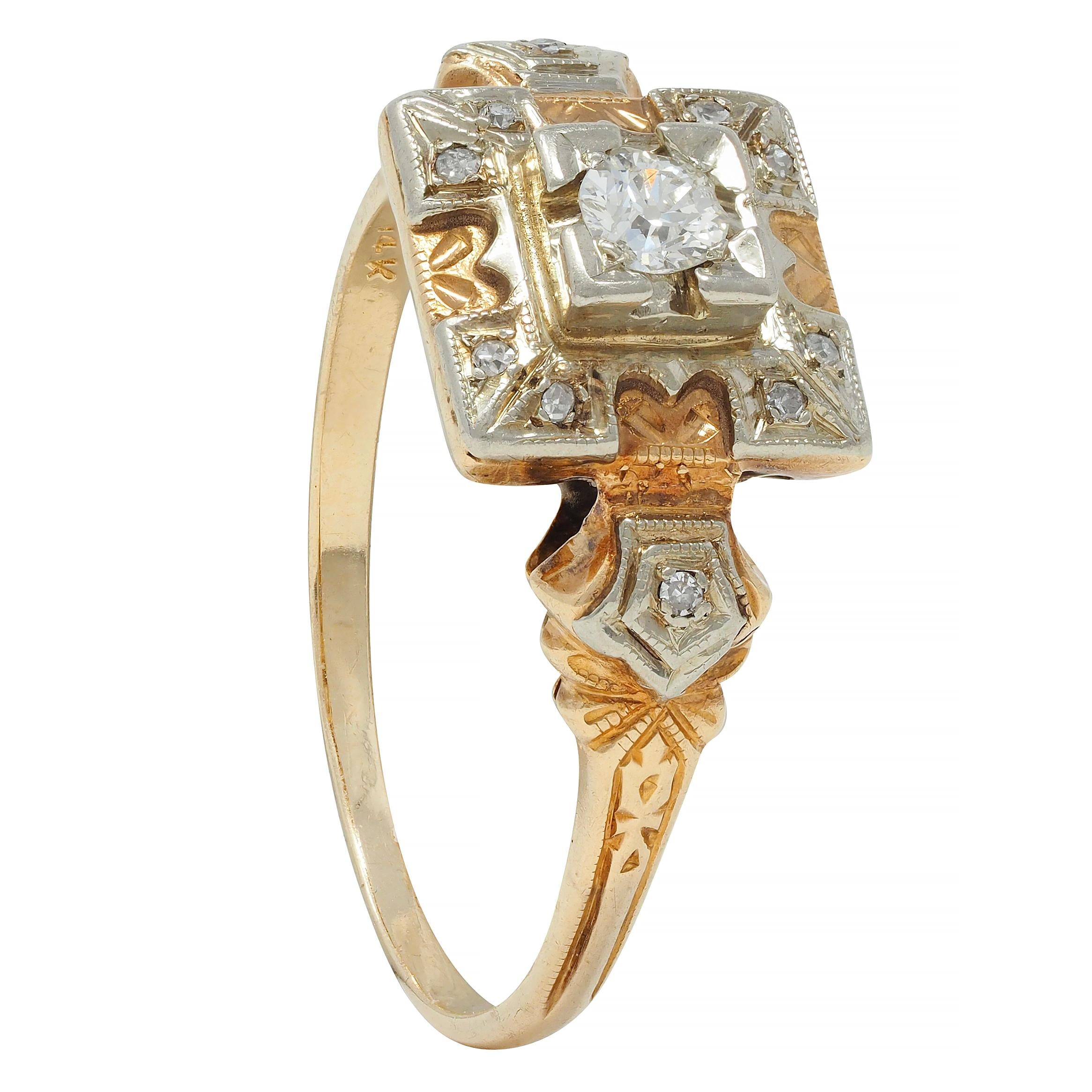 Early Art Deco Diamond 14 Karat Two Tone Square Form Antique Engagement Ring