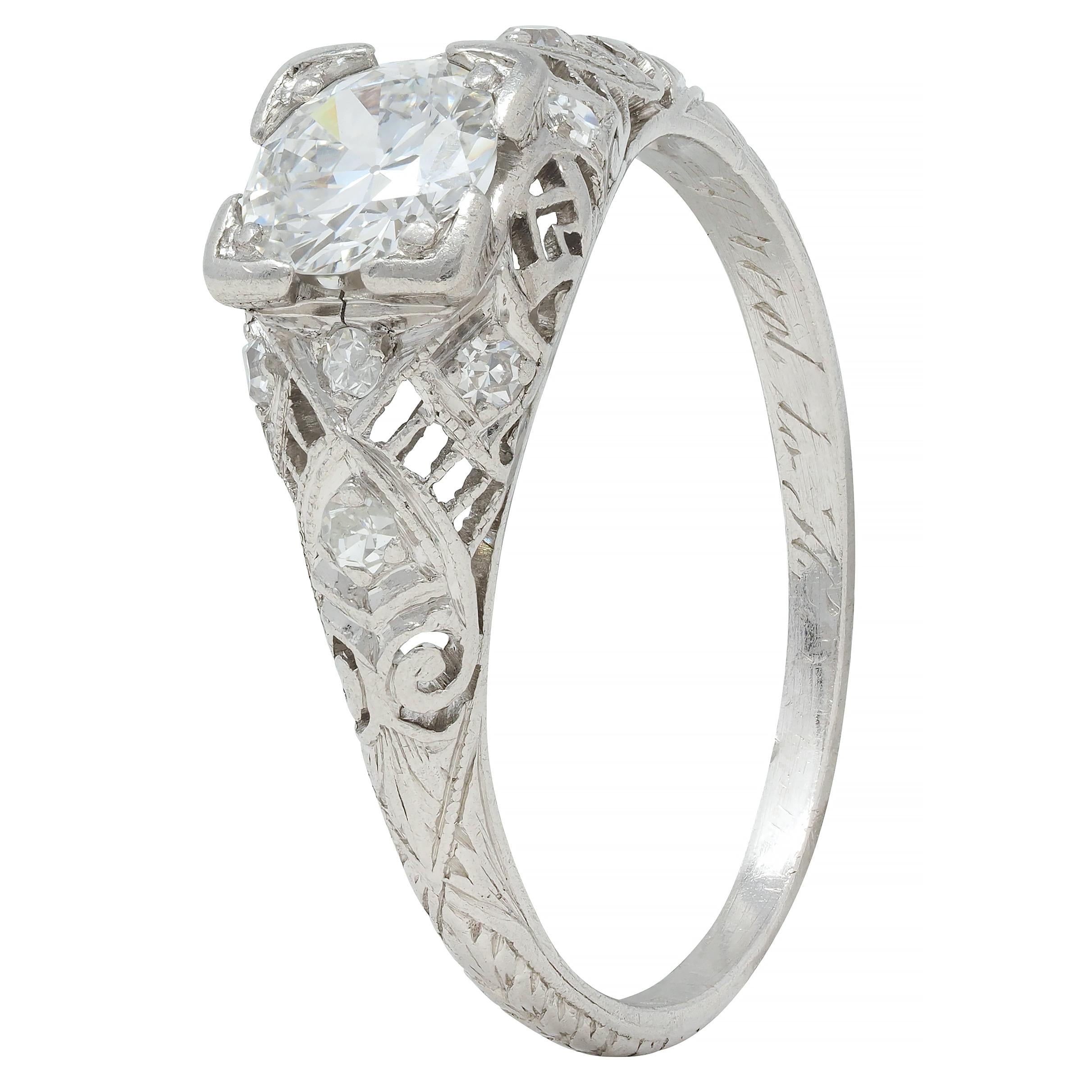 Art Deco 0.75 CTW Old European Diamond Platinum Swirl Engagement Ring
