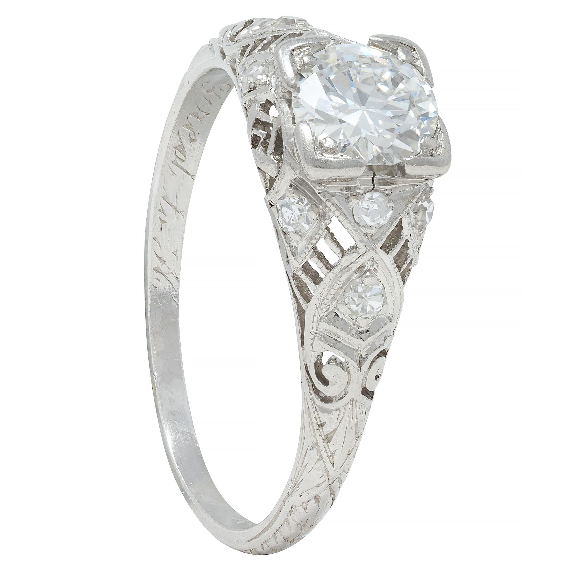 Art Deco 0.75 CTW Old European Diamond Platinum Swirl Engagement Ring