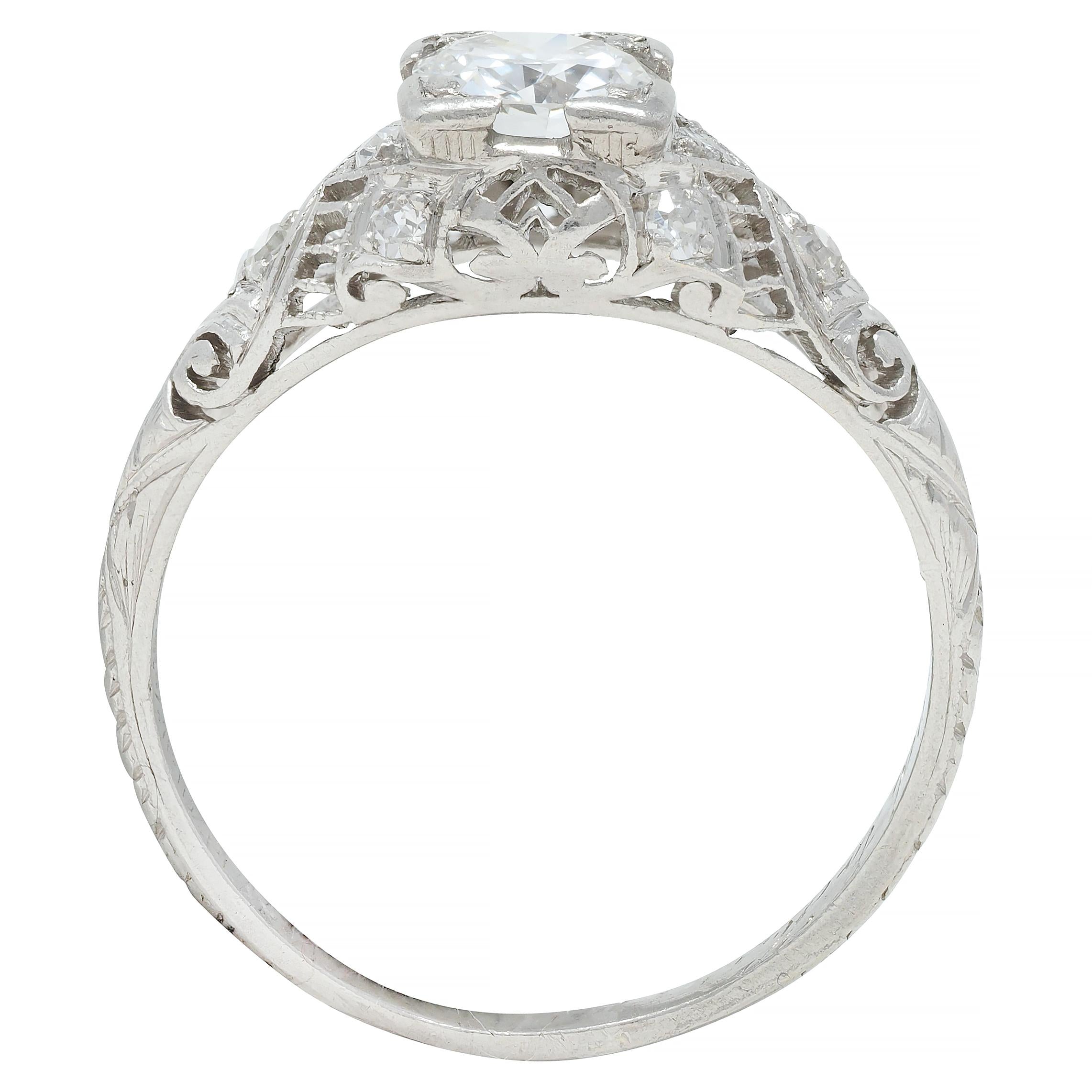 Art Deco 0.75 CTW Old European Diamond Platinum Swirl Engagement Ring