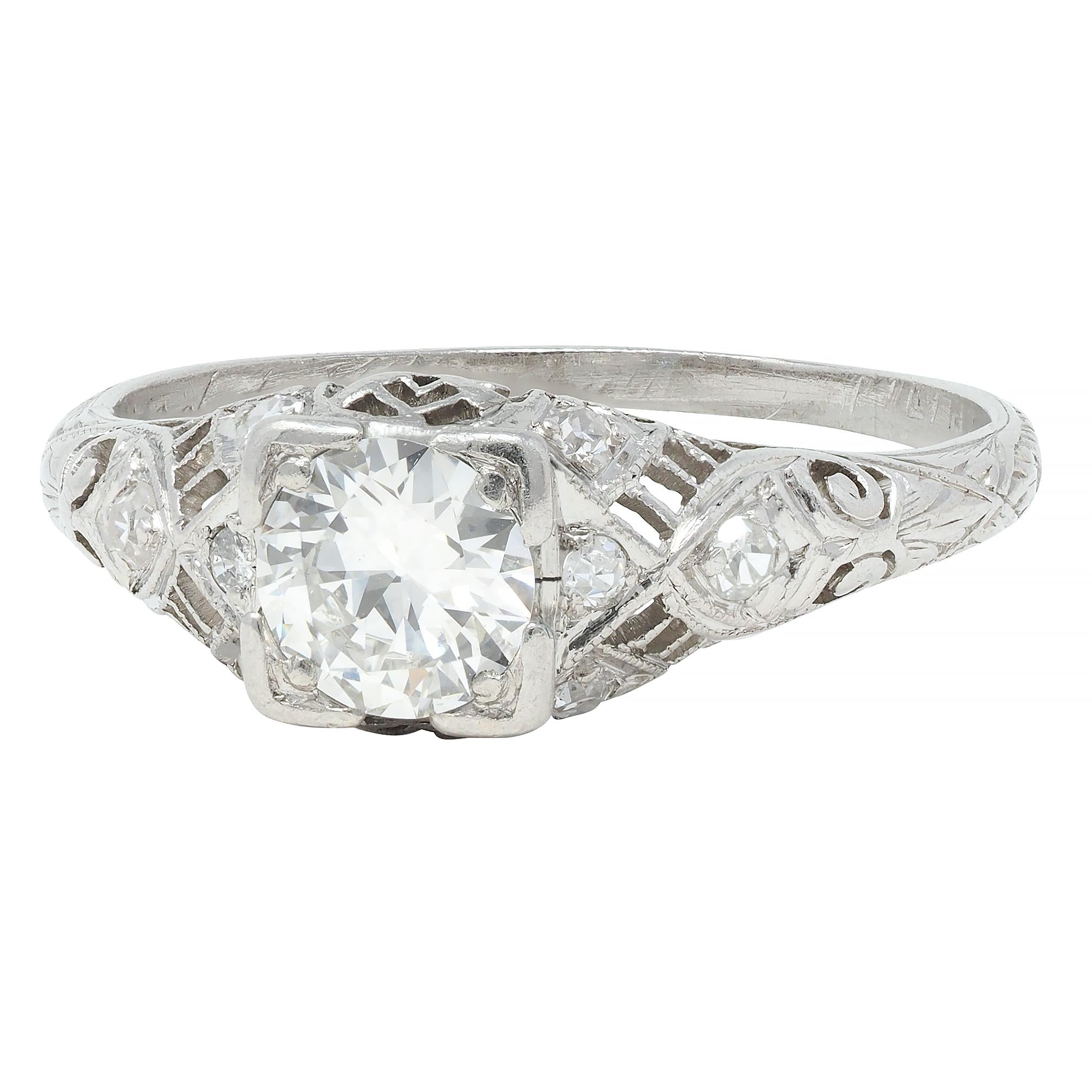 Art Deco 0.75 CTW Old European Diamond Platinum Swirl Engagement Ring