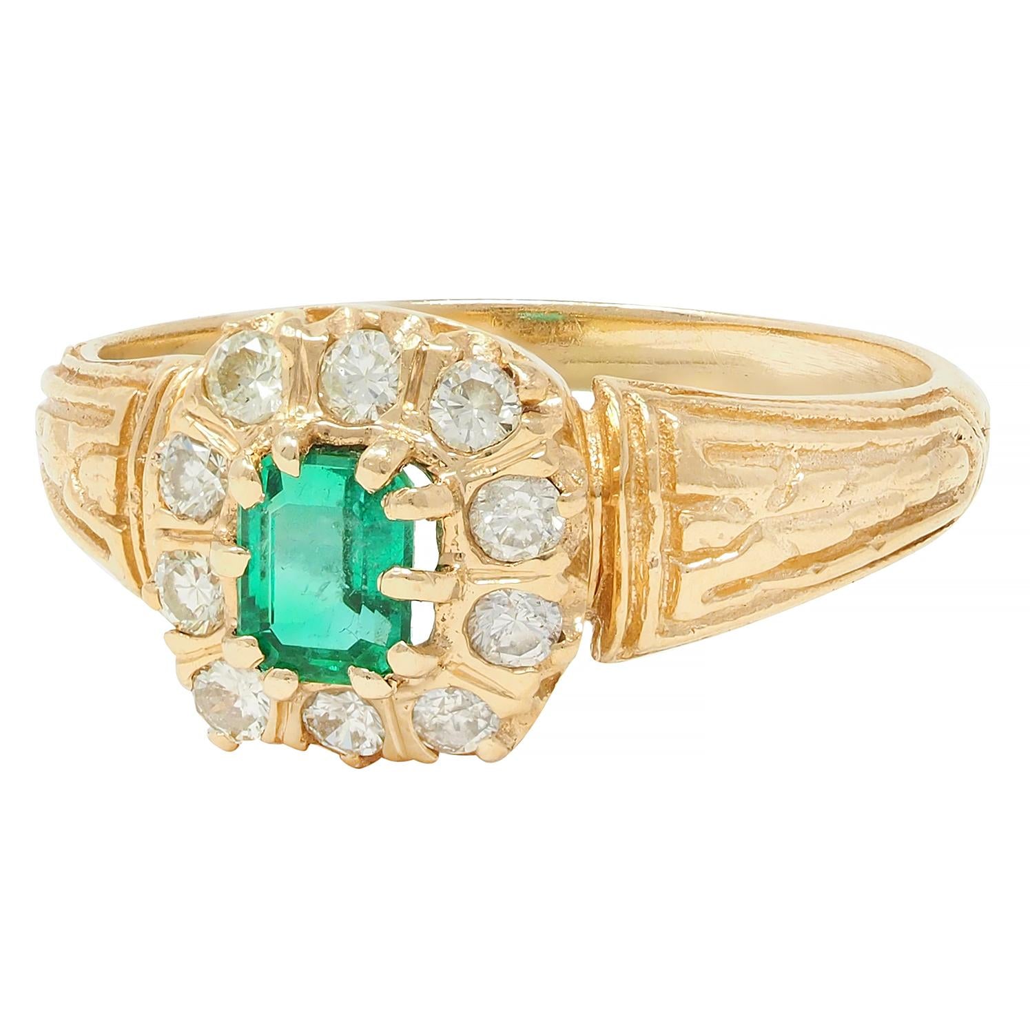 Victorian 0.65 CTW Emerald Diamond 14 Karat Yellow Gold Antique Halo Ring