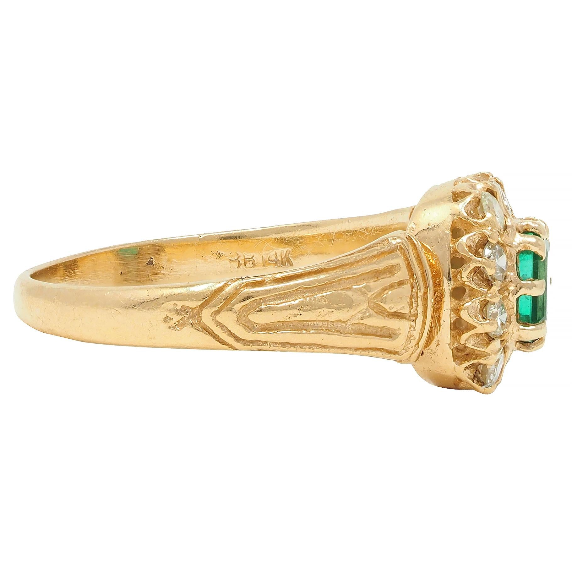Victorian 0.65 CTW Emerald Diamond 14 Karat Yellow Gold Antique Halo Ring
