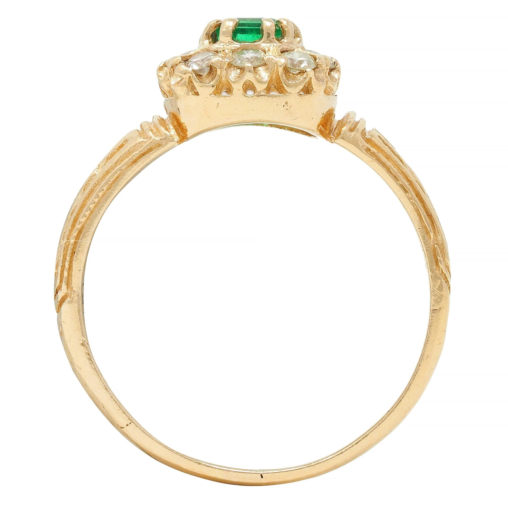 Victorian 0.65 CTW Emerald Diamond 14 Karat Yellow Gold Antique Halo Ring
