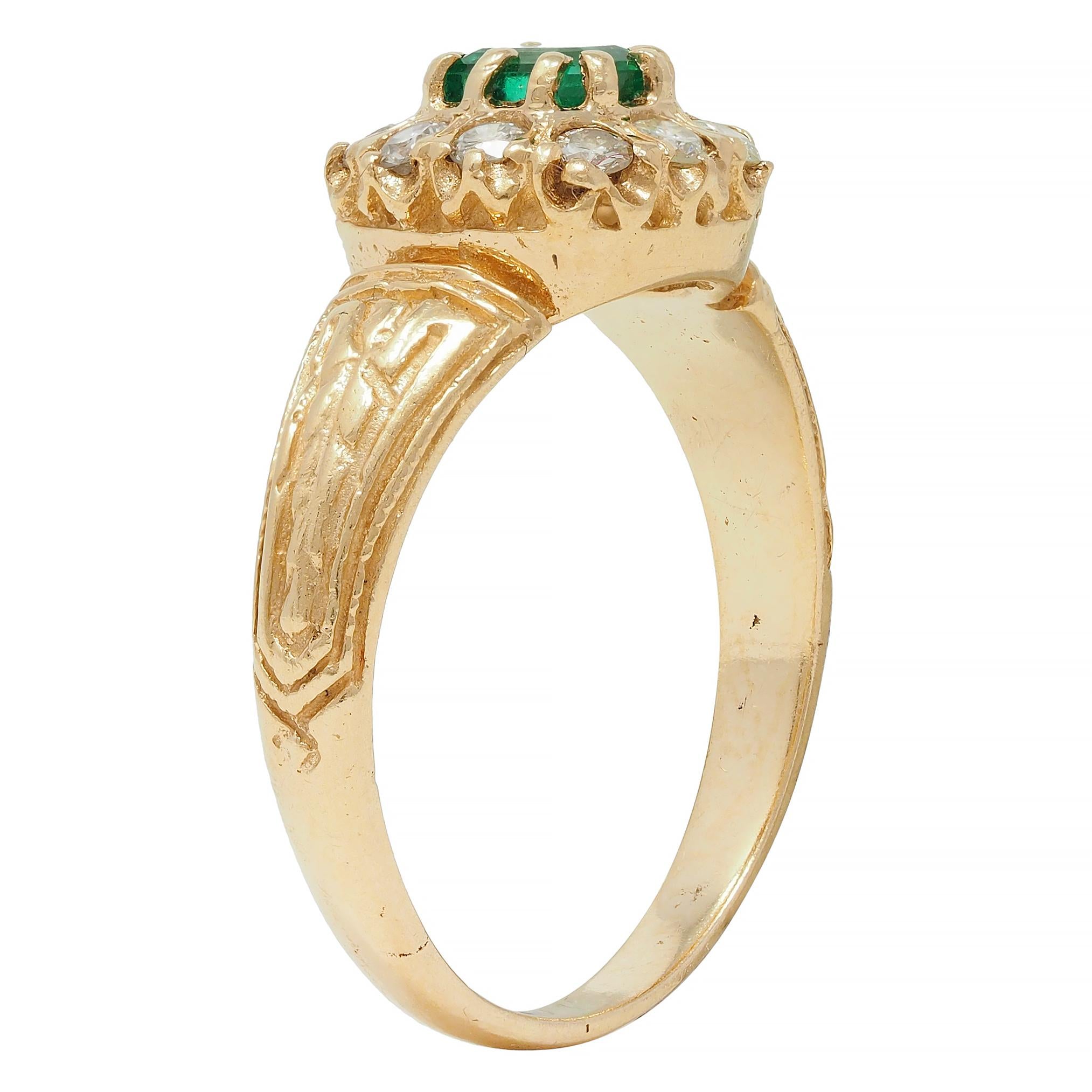 Victorian 0.65 CTW Emerald Diamond 14 Karat Yellow Gold Antique Halo Ring