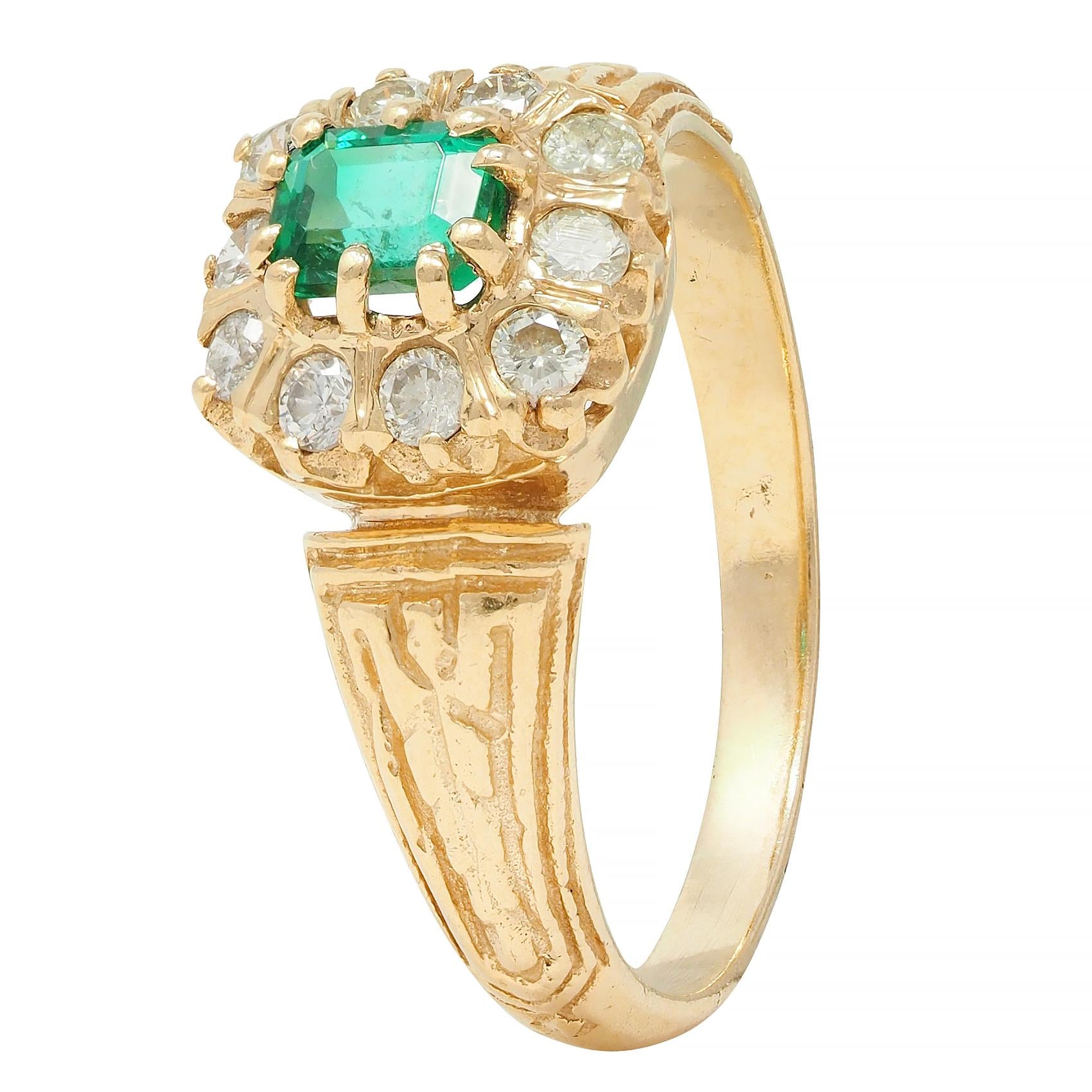 Victorian 0.65 CTW Emerald Diamond 14 Karat Yellow Gold Antique Halo Ring