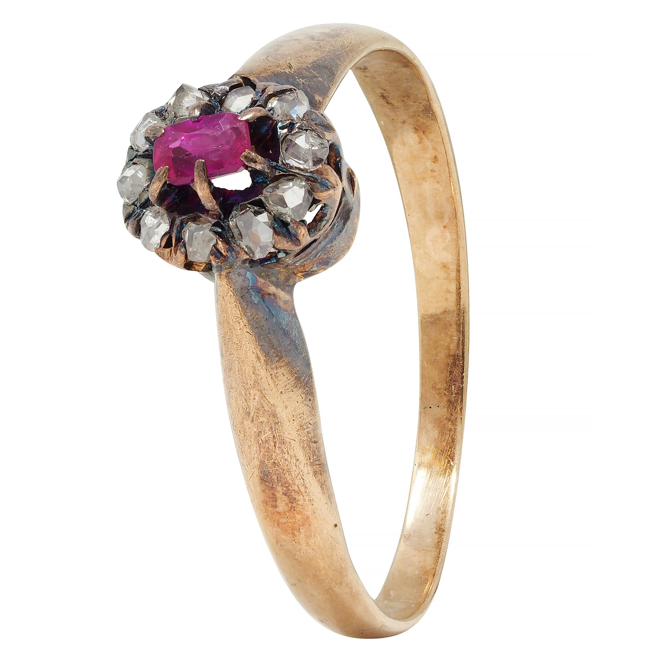 Victorian Ruby Diamond 14 Karat Yellow Gold Antique Halo Ring