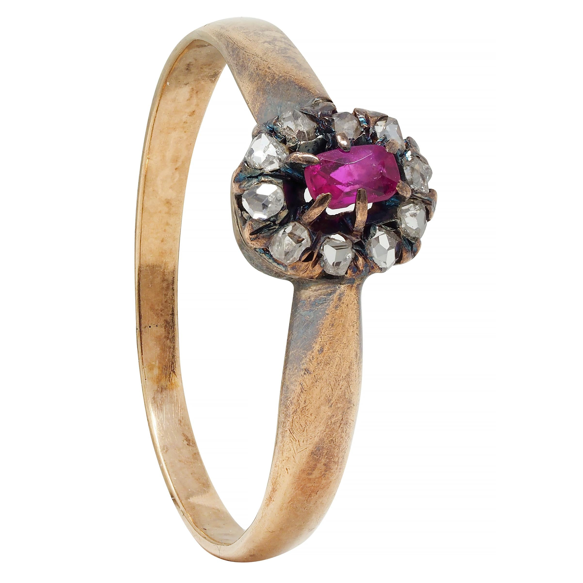 Victorian Ruby Diamond 14 Karat Yellow Gold Antique Halo Ring
