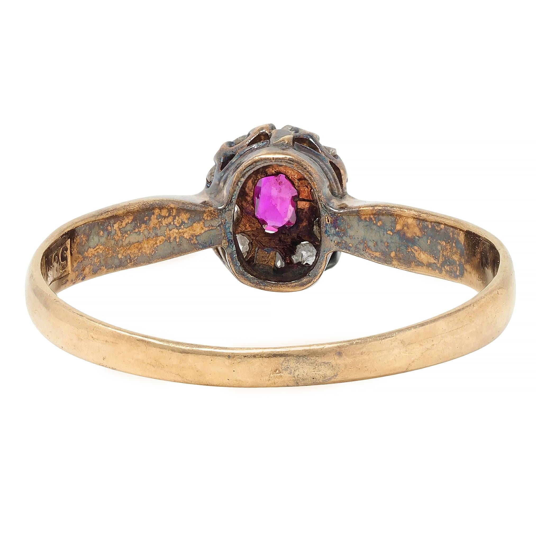 Victorian Ruby Diamond 14 Karat Yellow Gold Antique Halo Ring