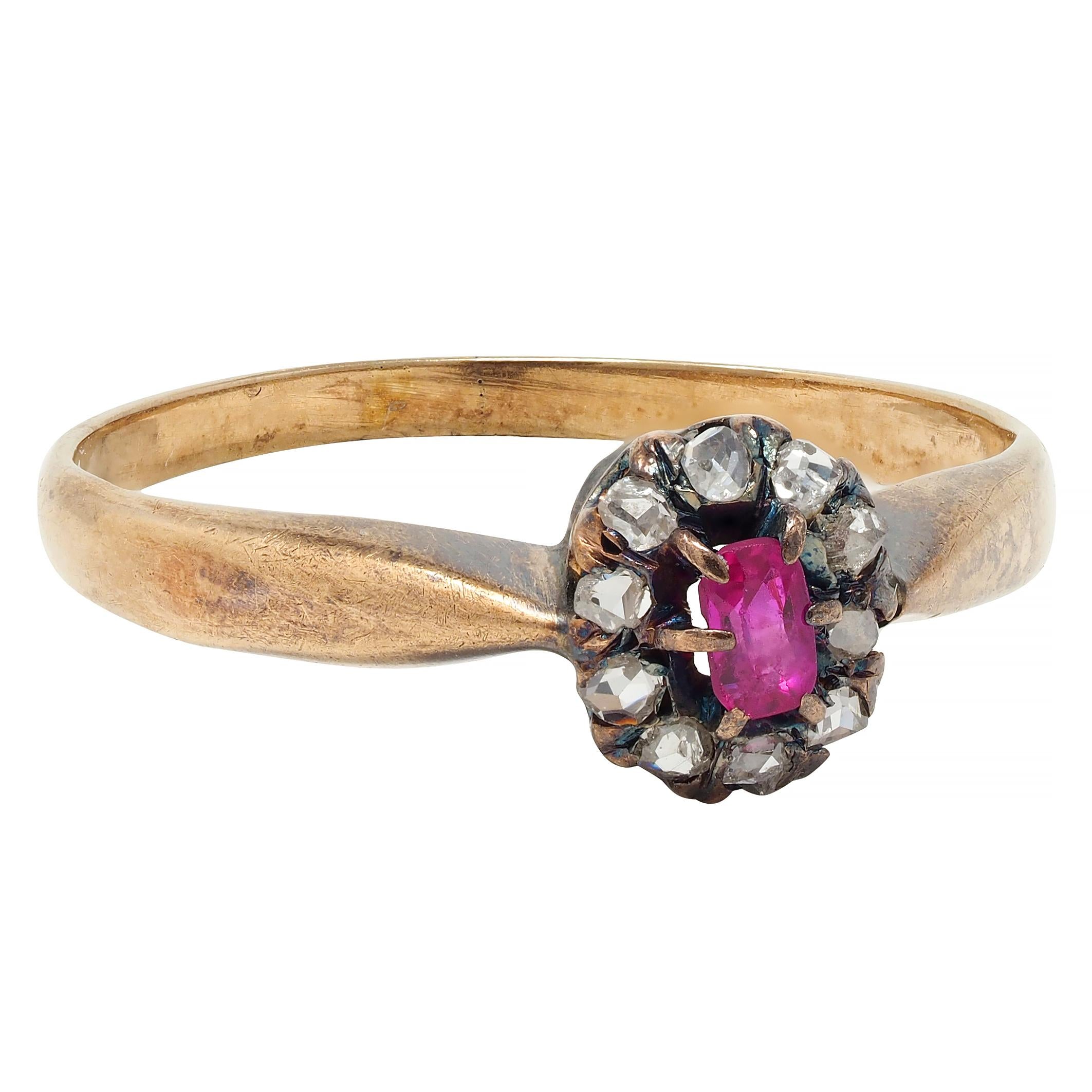 Victorian Ruby Diamond 14 Karat Yellow Gold Antique Halo Ring