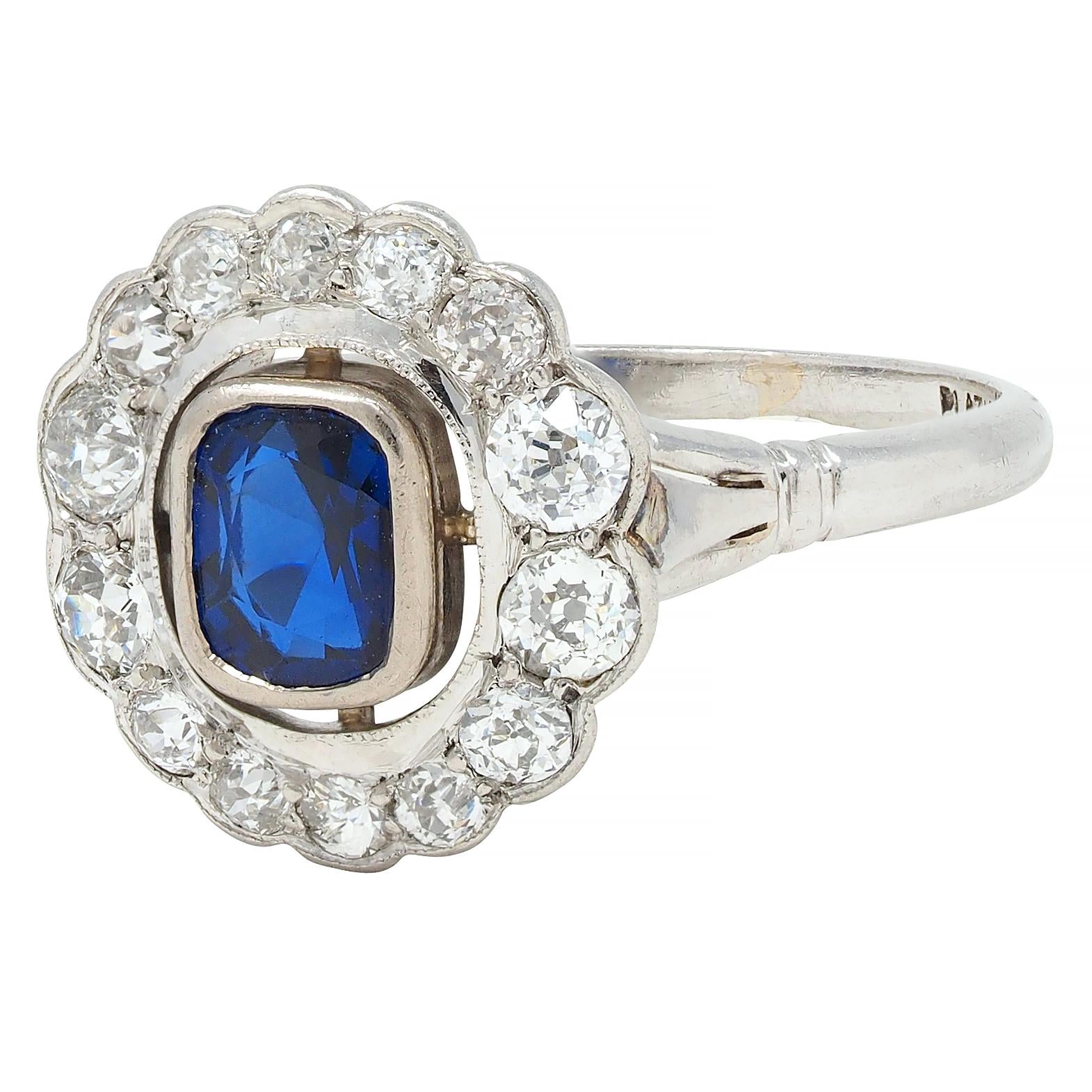 Art Deco 1.62 CTW Sapphire Diamond Platinum Floating Halo Ring