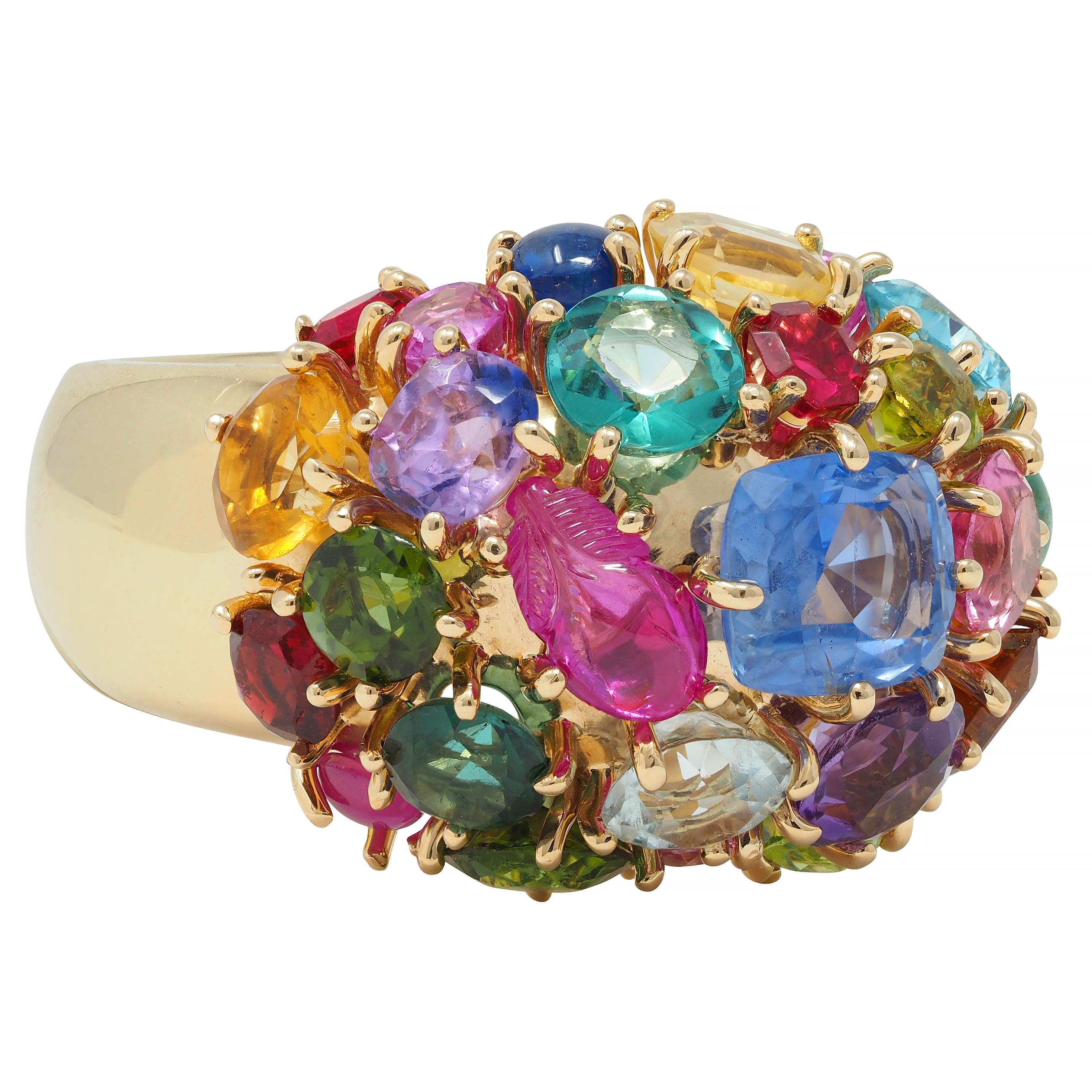 1990's Multi-Gem 14 Karat Yellow Gold Vintage Cluster Cocktail Ring