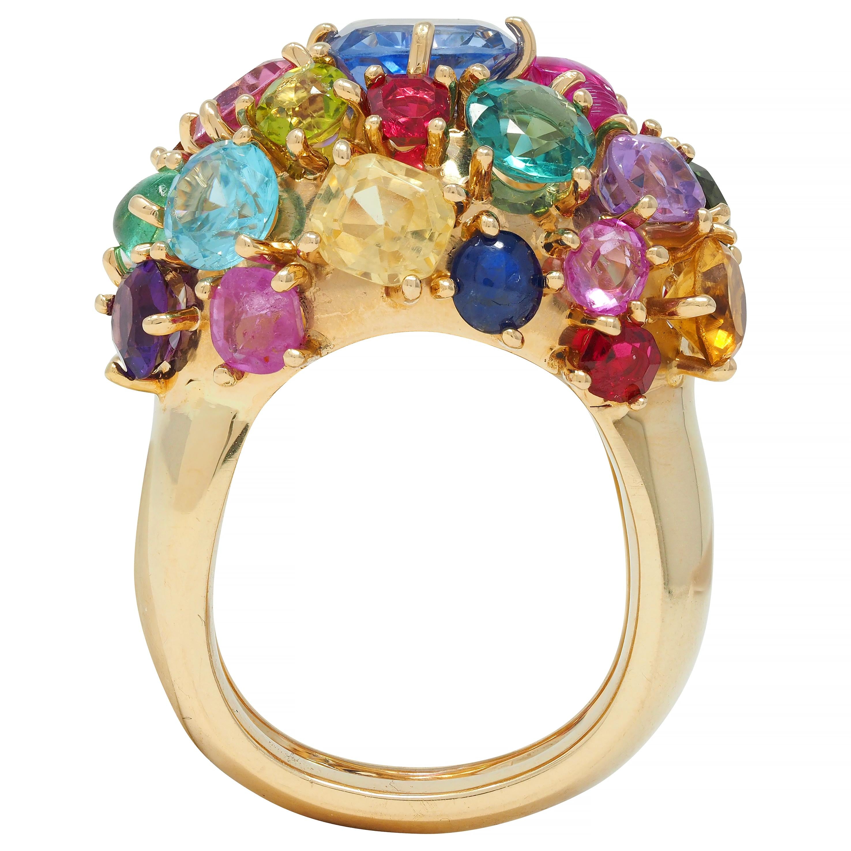 1990's Multi-Gem 14 Karat Yellow Gold Vintage Cluster Cocktail Ring