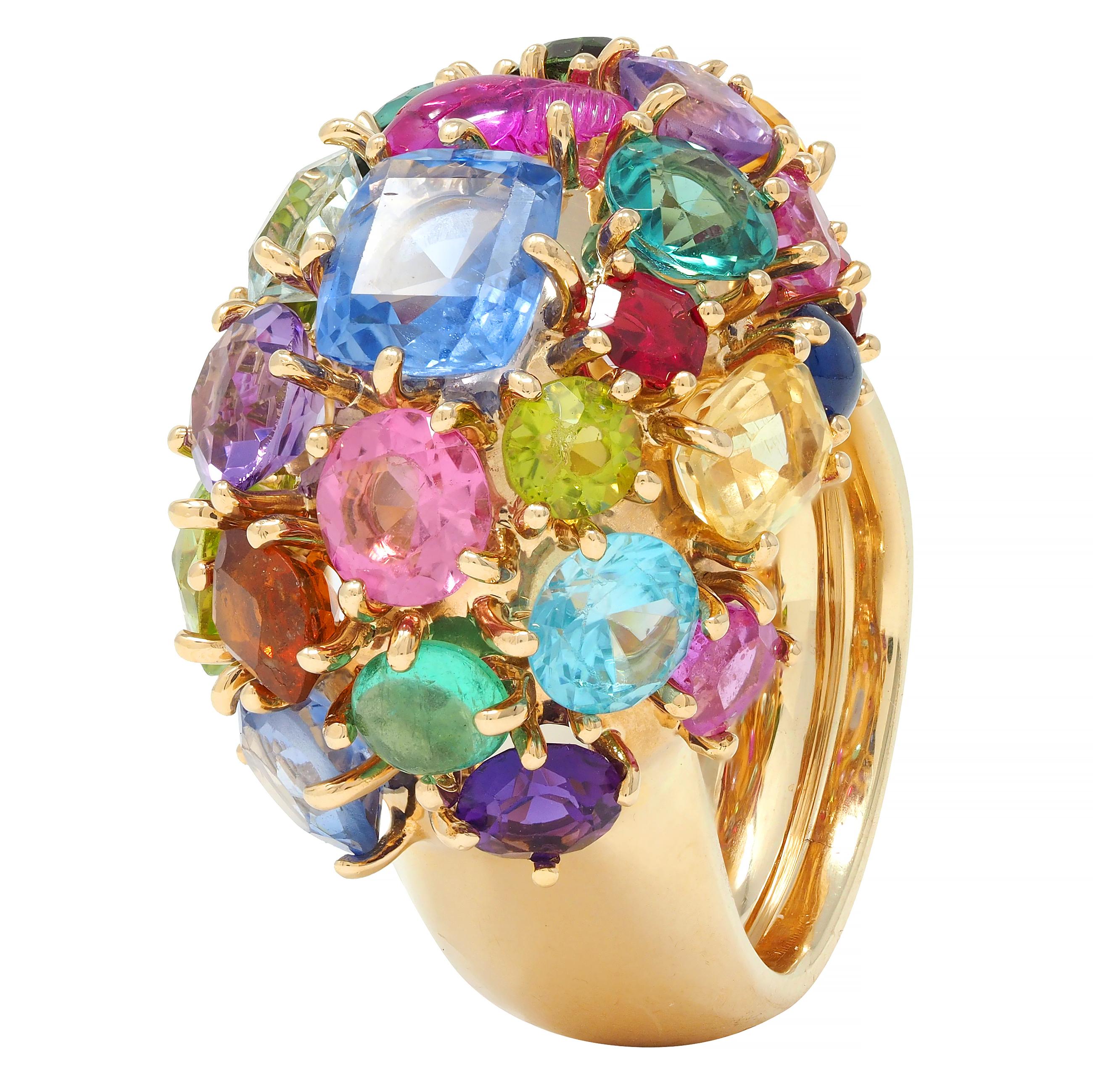 1990's Multi-Gem 14 Karat Yellow Gold Vintage Cluster Cocktail Ring
