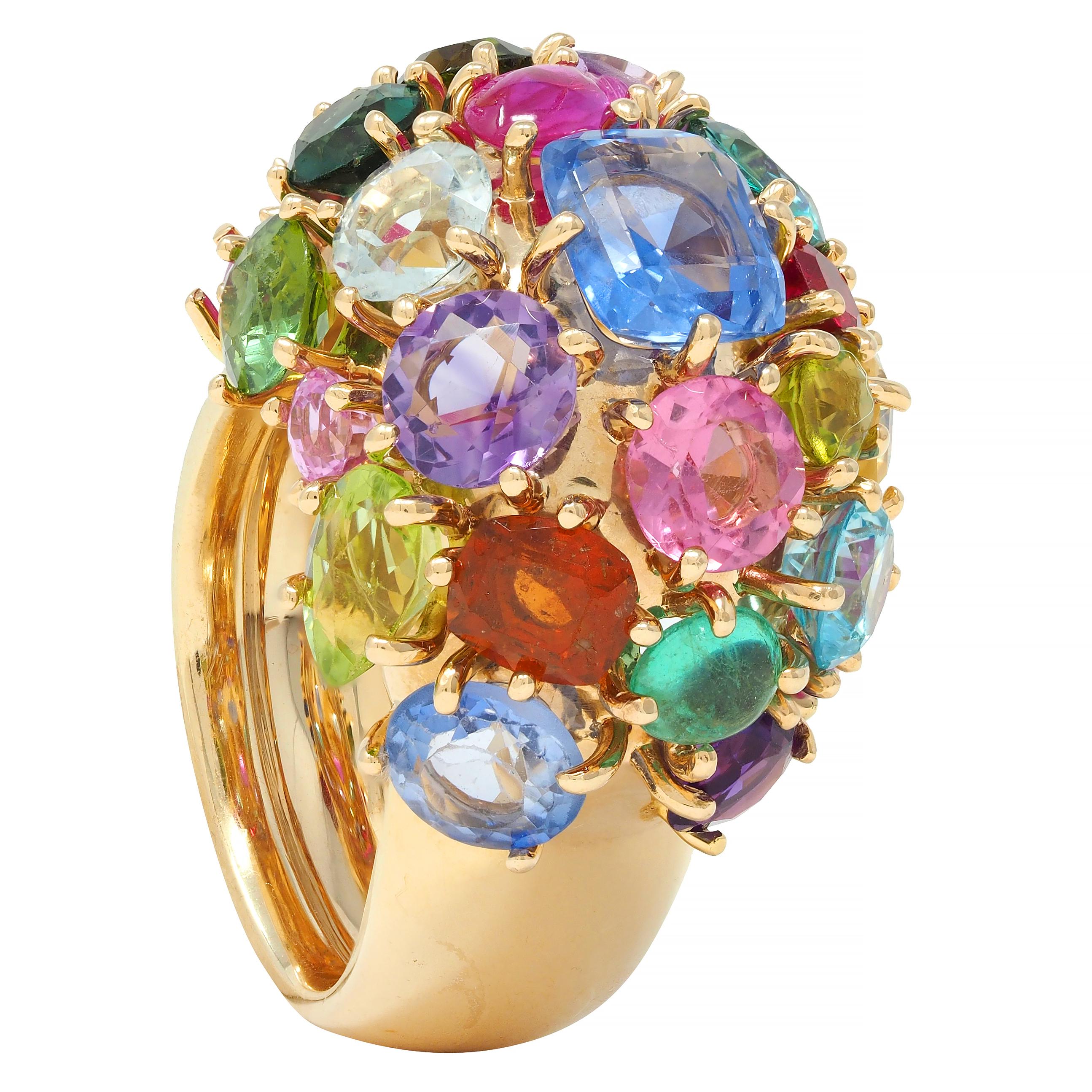 1990's Multi-Gem 14 Karat Yellow Gold Vintage Cluster Cocktail Ring