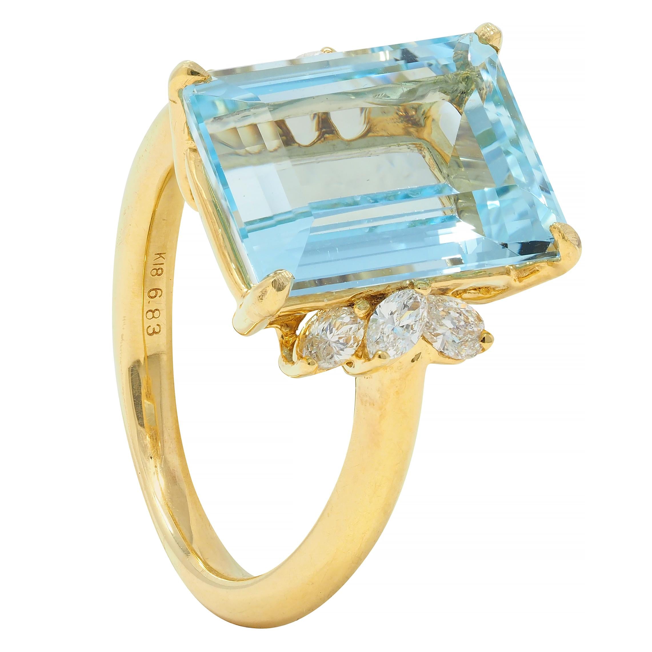 Contemporary 7.27 CTW Aquamarine Diamond 18 Karat Yellow Gold Cocktail Ring