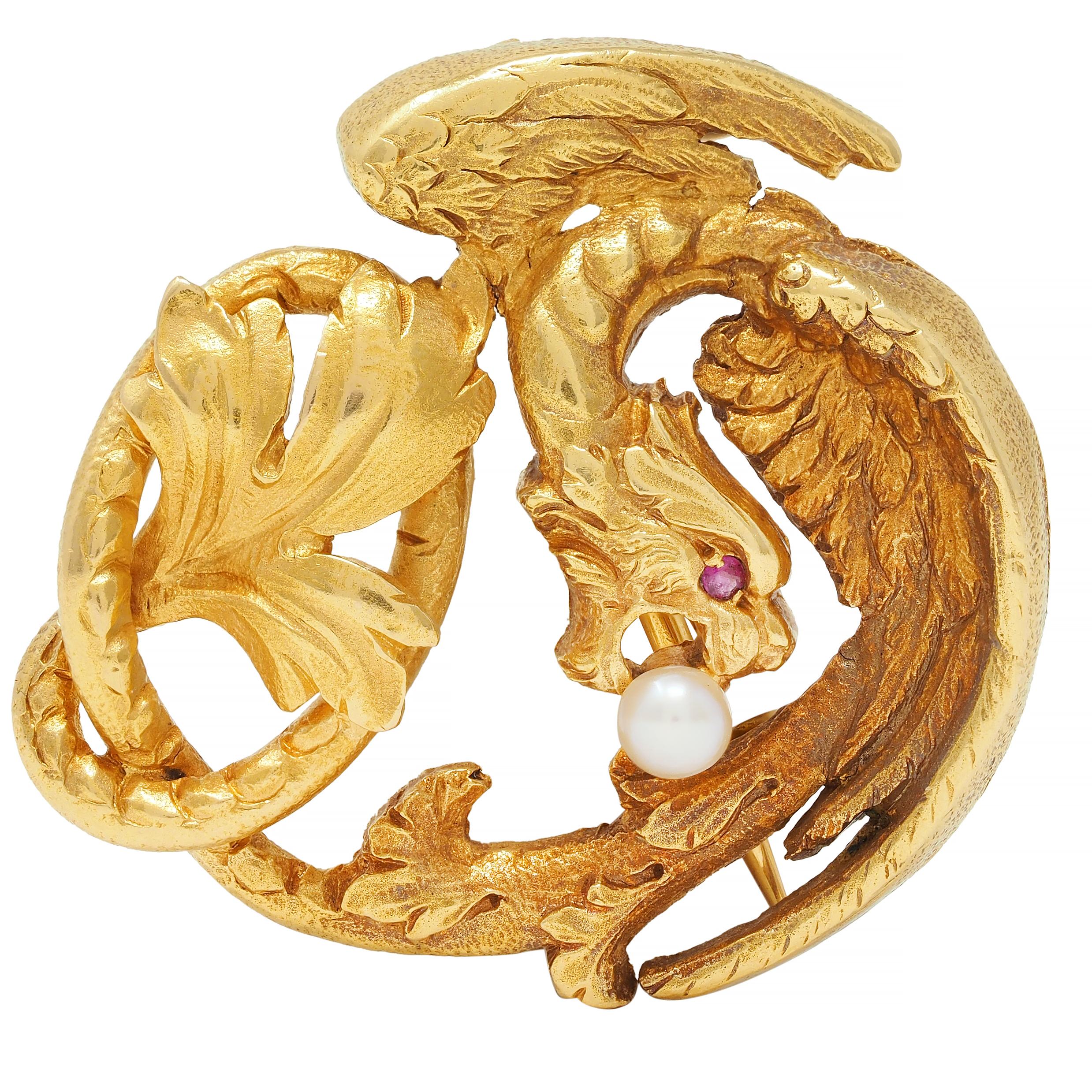 Art Nouveau French Ruby Pearl 18K Yellow Gold Griffin Antique Pendant Brooch