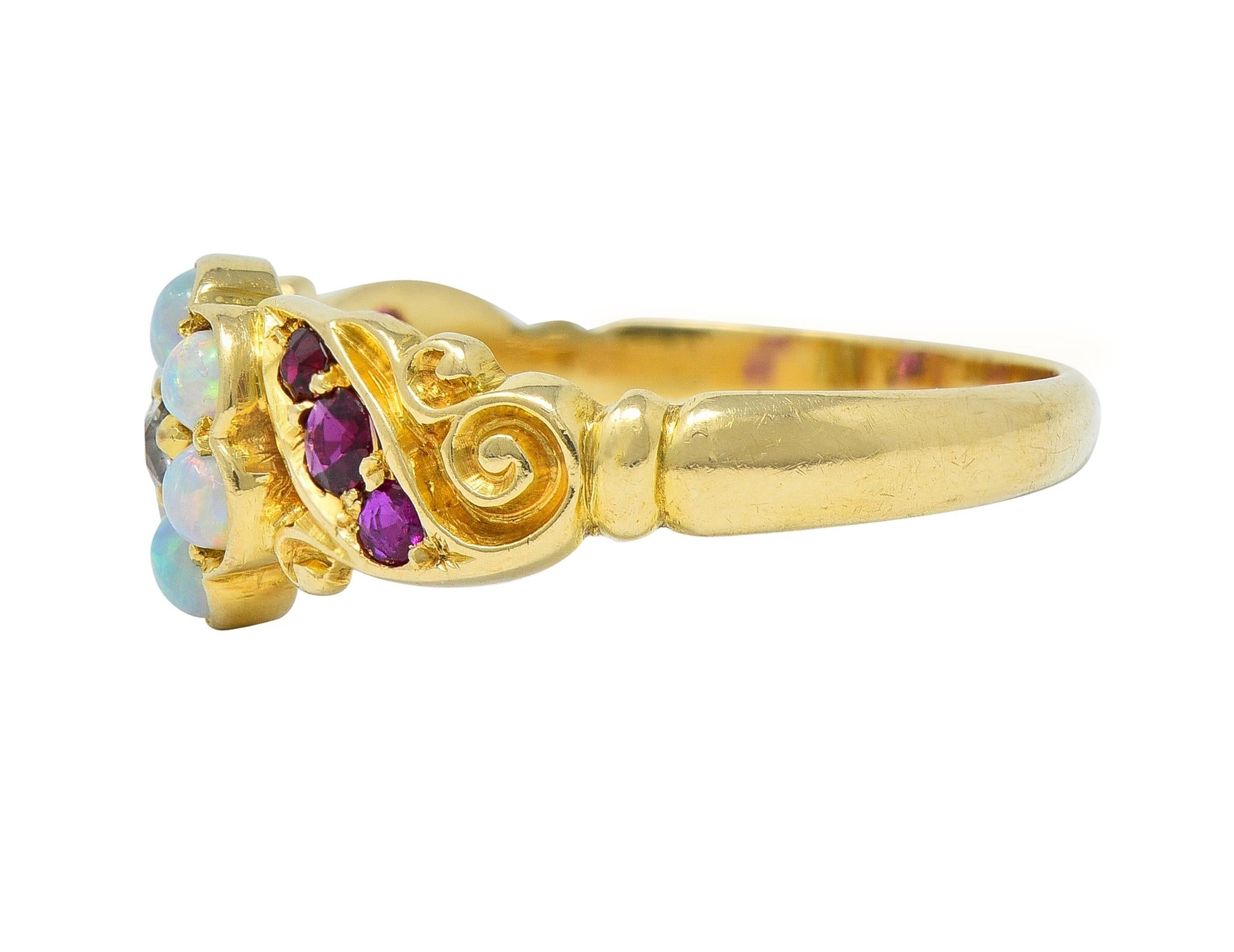 Victorian Diamond Opal Ruby 18 Karat Yellow Gold Antique Floral Cluster Ring
