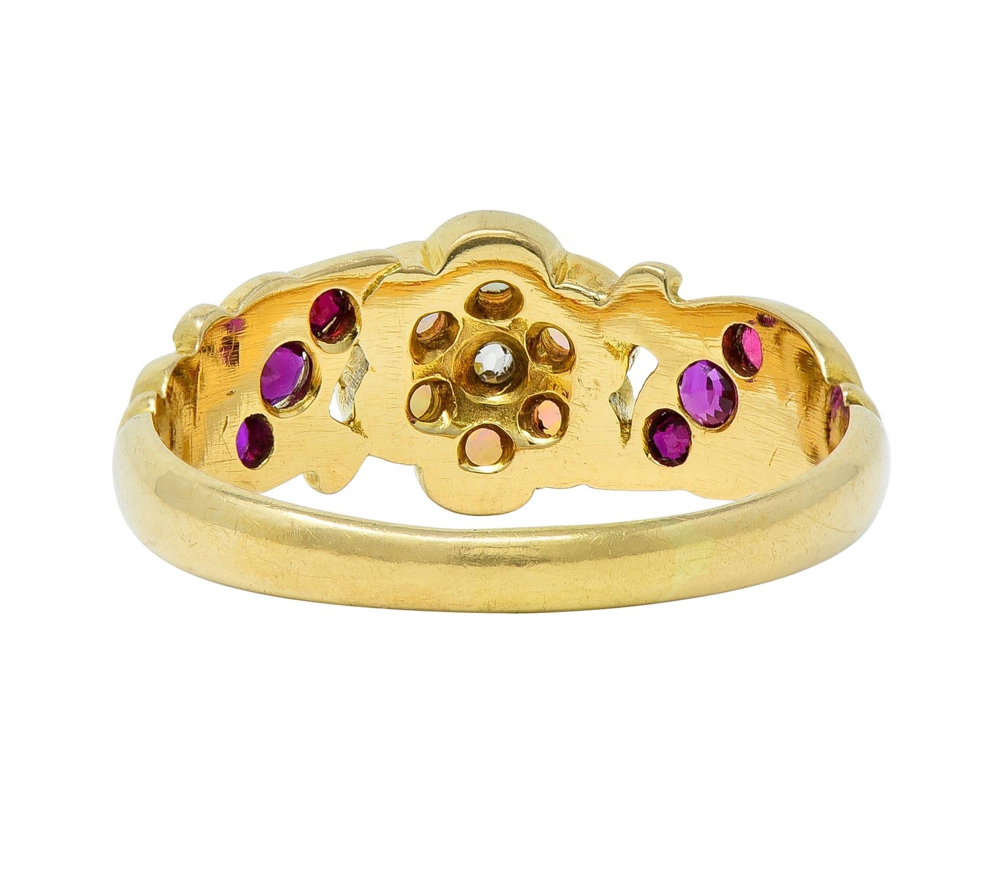 Victorian Diamond Opal Ruby 18 Karat Yellow Gold Antique Floral Cluster Ring