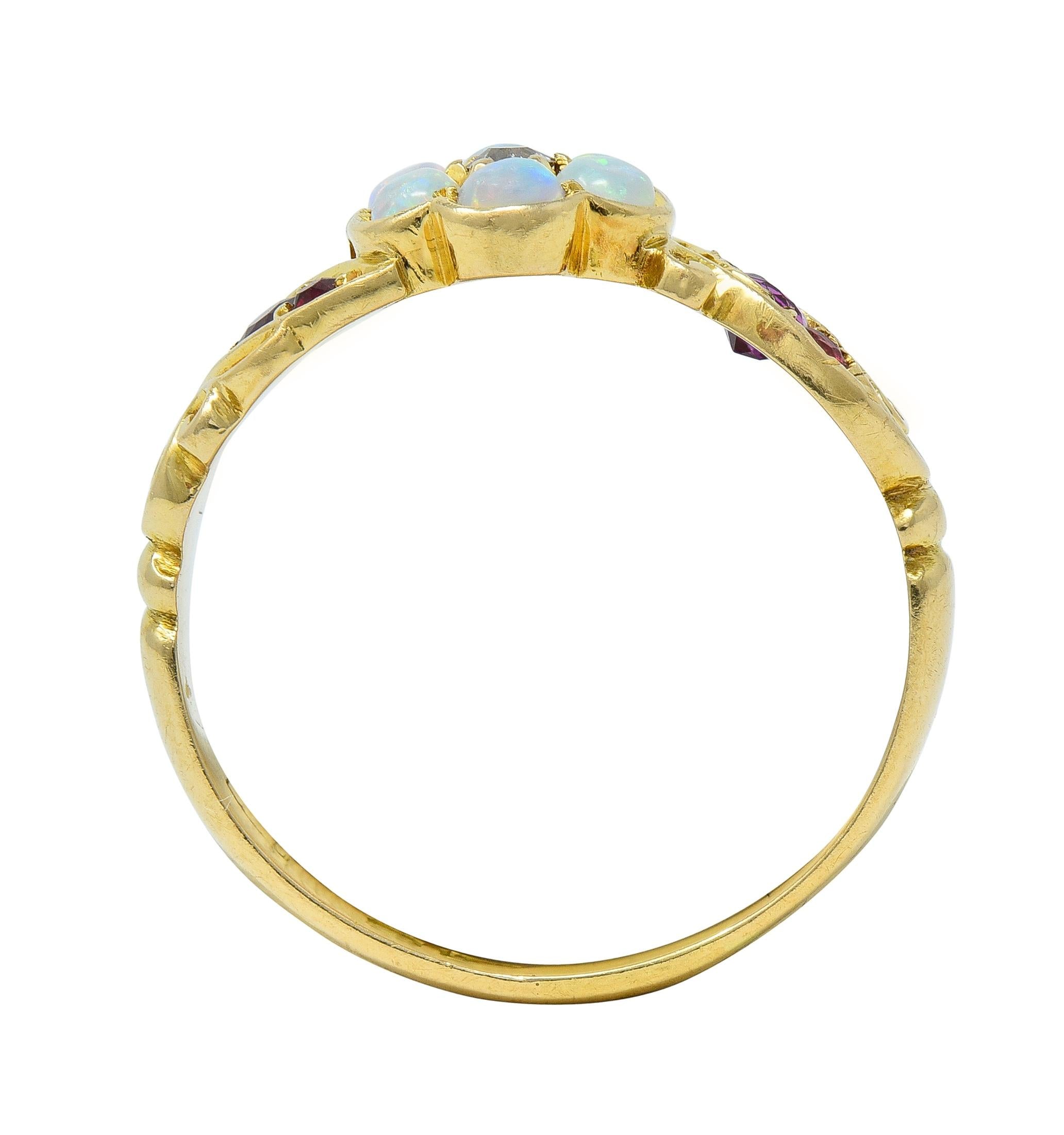 Victorian Diamond Opal Ruby 18 Karat Yellow Gold Antique Floral Cluster Ring