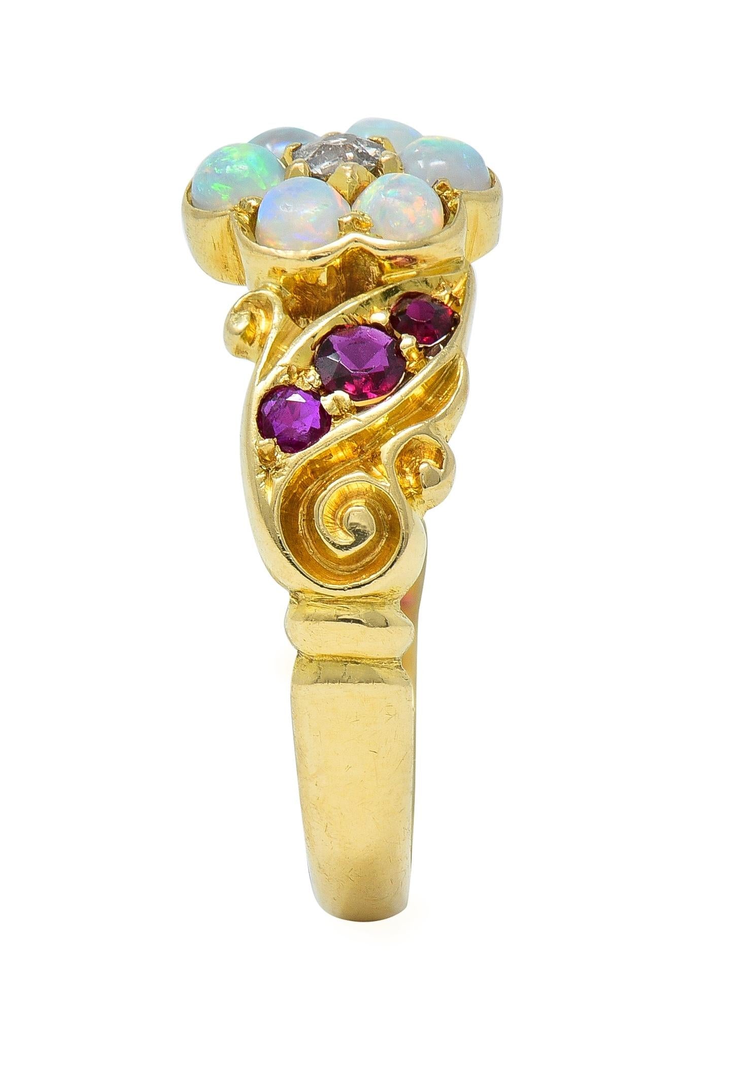 Victorian Diamond Opal Ruby 18 Karat Yellow Gold Antique Floral Cluster Ring
