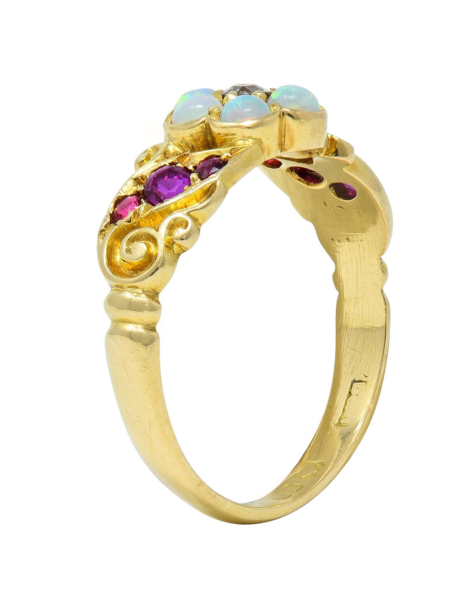 Victorian Diamond Opal Ruby 18 Karat Yellow Gold Antique Floral Cluster Ring