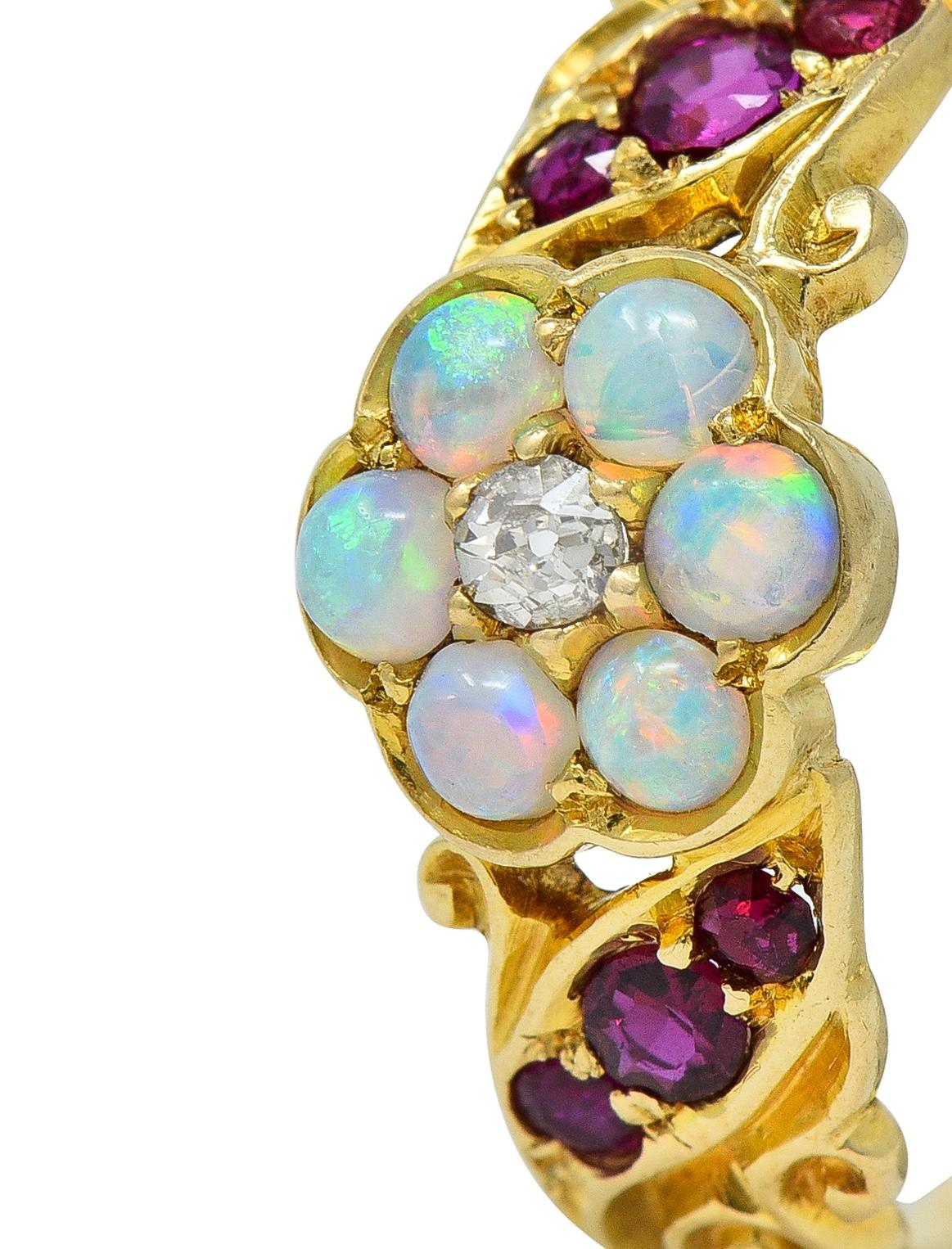 Victorian Diamond Opal Ruby 18 Karat Yellow Gold Antique Floral Cluster Ring