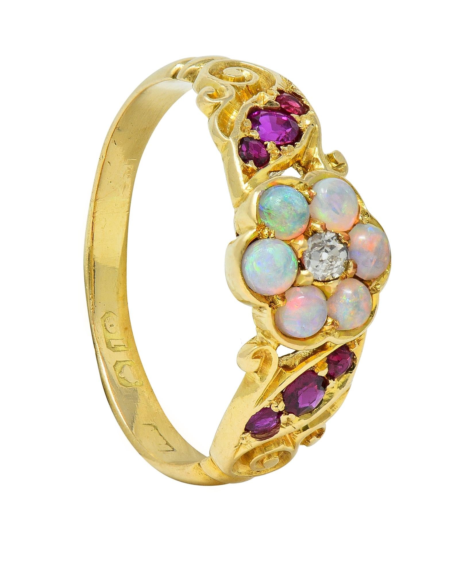 Victorian Diamond Opal Ruby 18 Karat Yellow Gold Antique Floral Cluster Ring