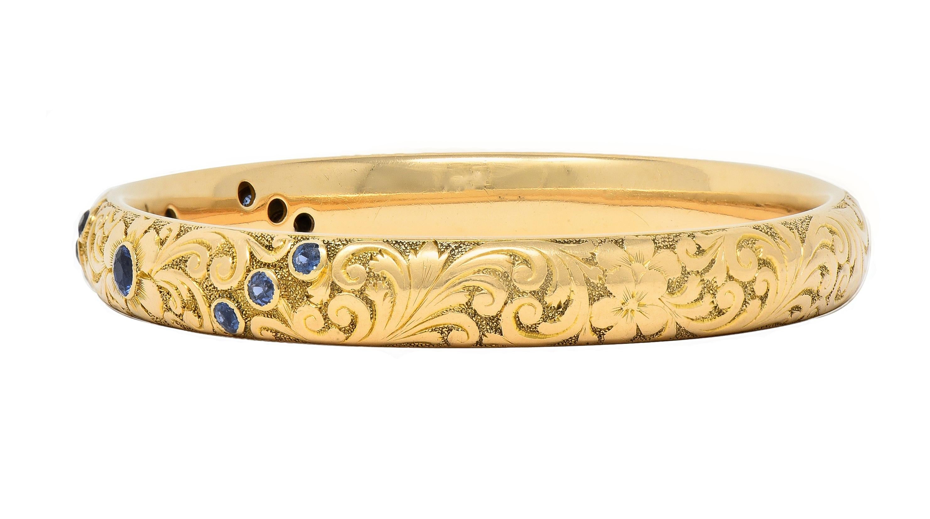 Tiffany & Co. Victorian Antique Sapphire 14 Karat Gold Floral Bangle Bracelet