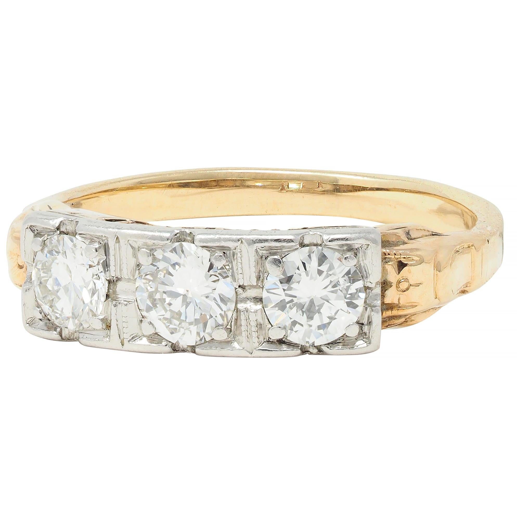 Art Deco 0.60 CTW Diamond Platinum 14 Karat Gold Three Stone Antique Band Ring