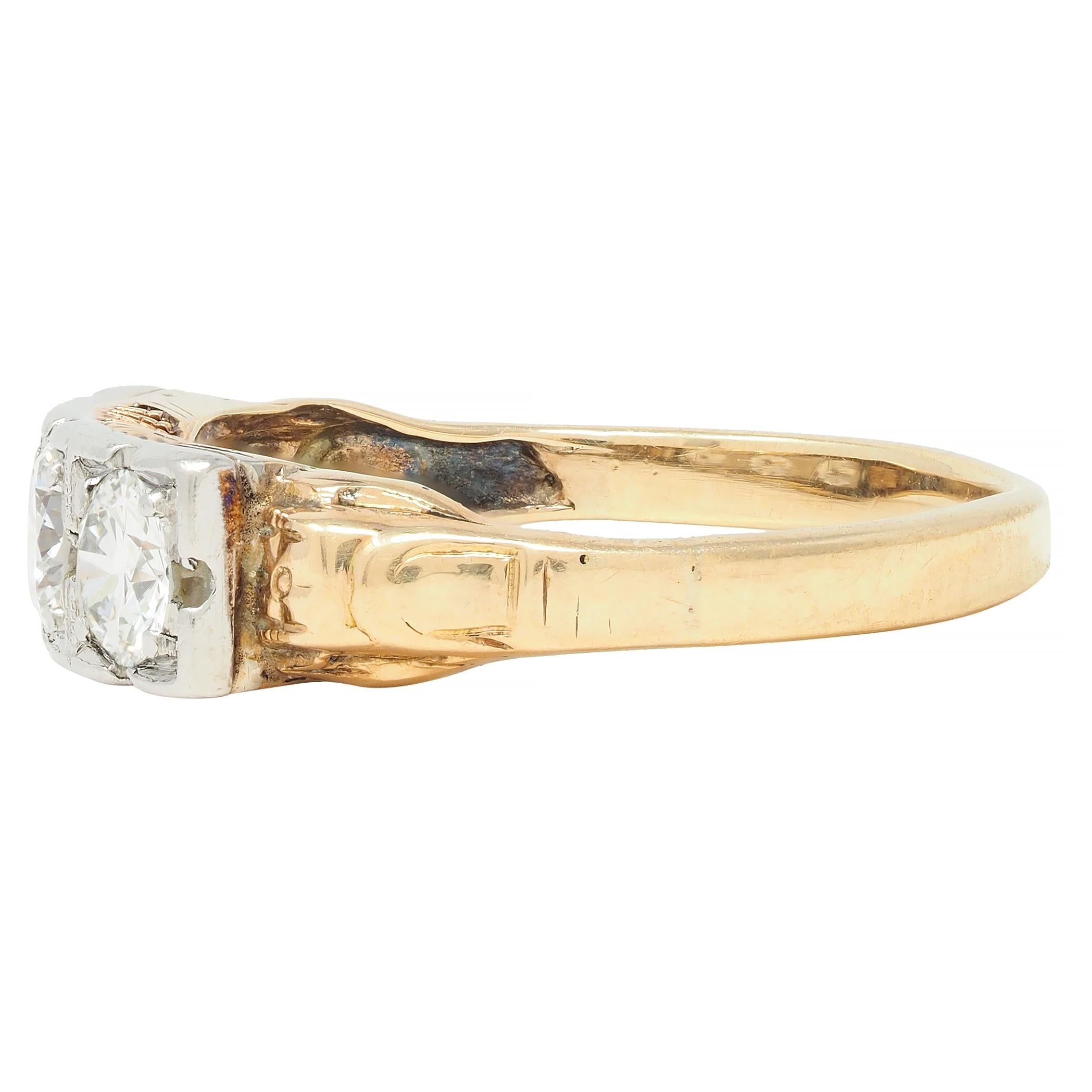 Art Deco 0.60 CTW Diamond Platinum 14 Karat Gold Three Stone Antique Band Ring