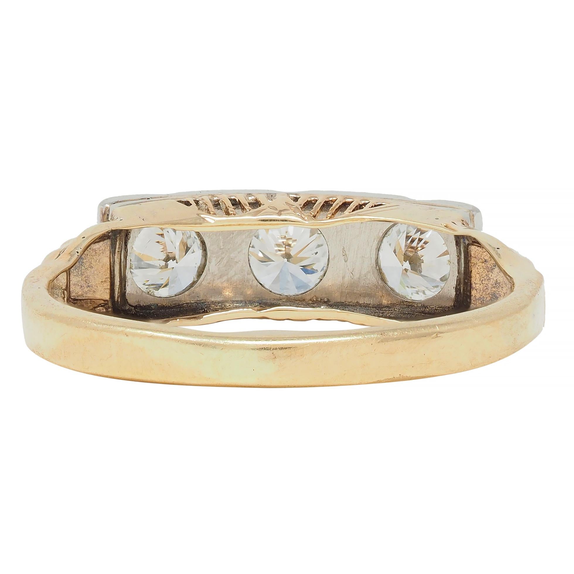 Art Deco 0.60 CTW Diamond Platinum 14 Karat Gold Three Stone Antique Band Ring