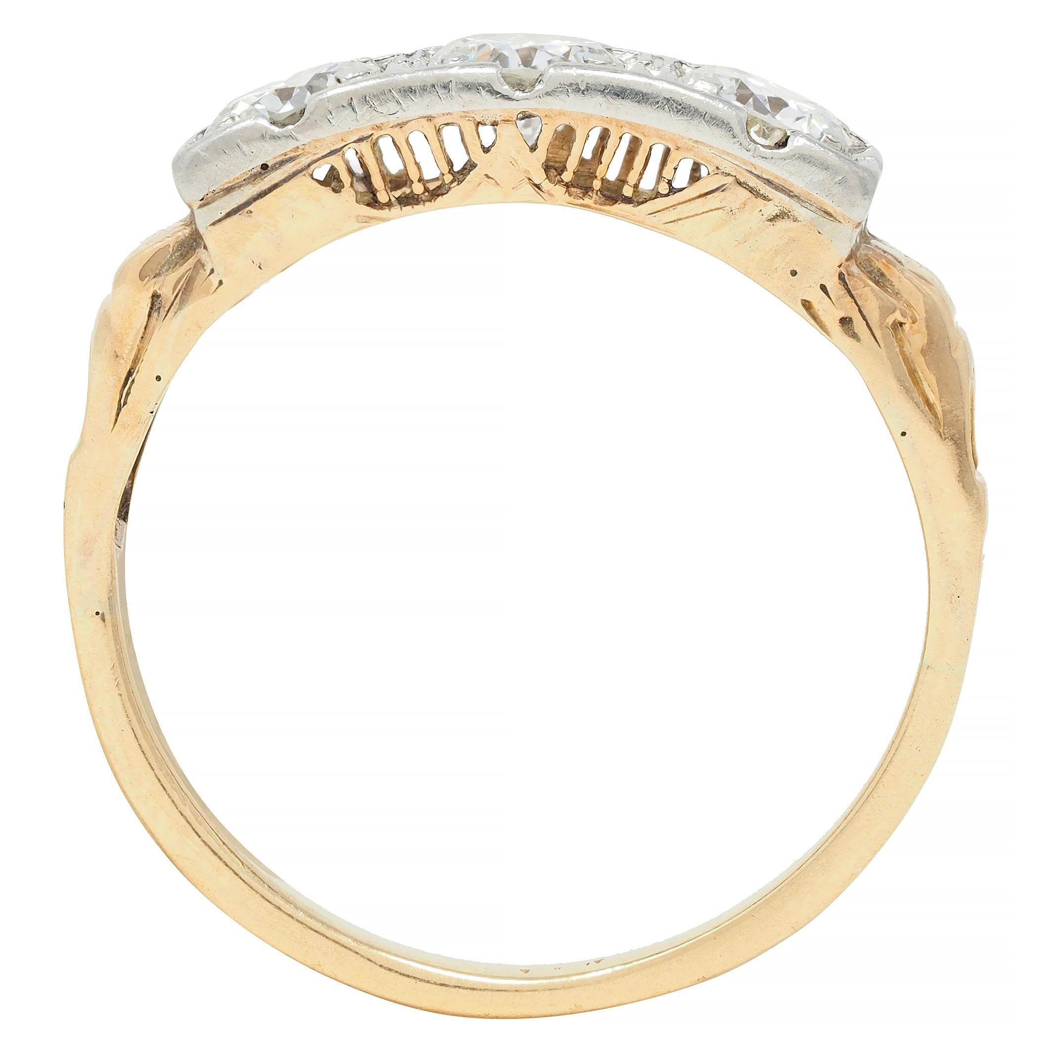Art Deco 0.60 CTW Diamond Platinum 14 Karat Gold Three Stone Antique Band Ring