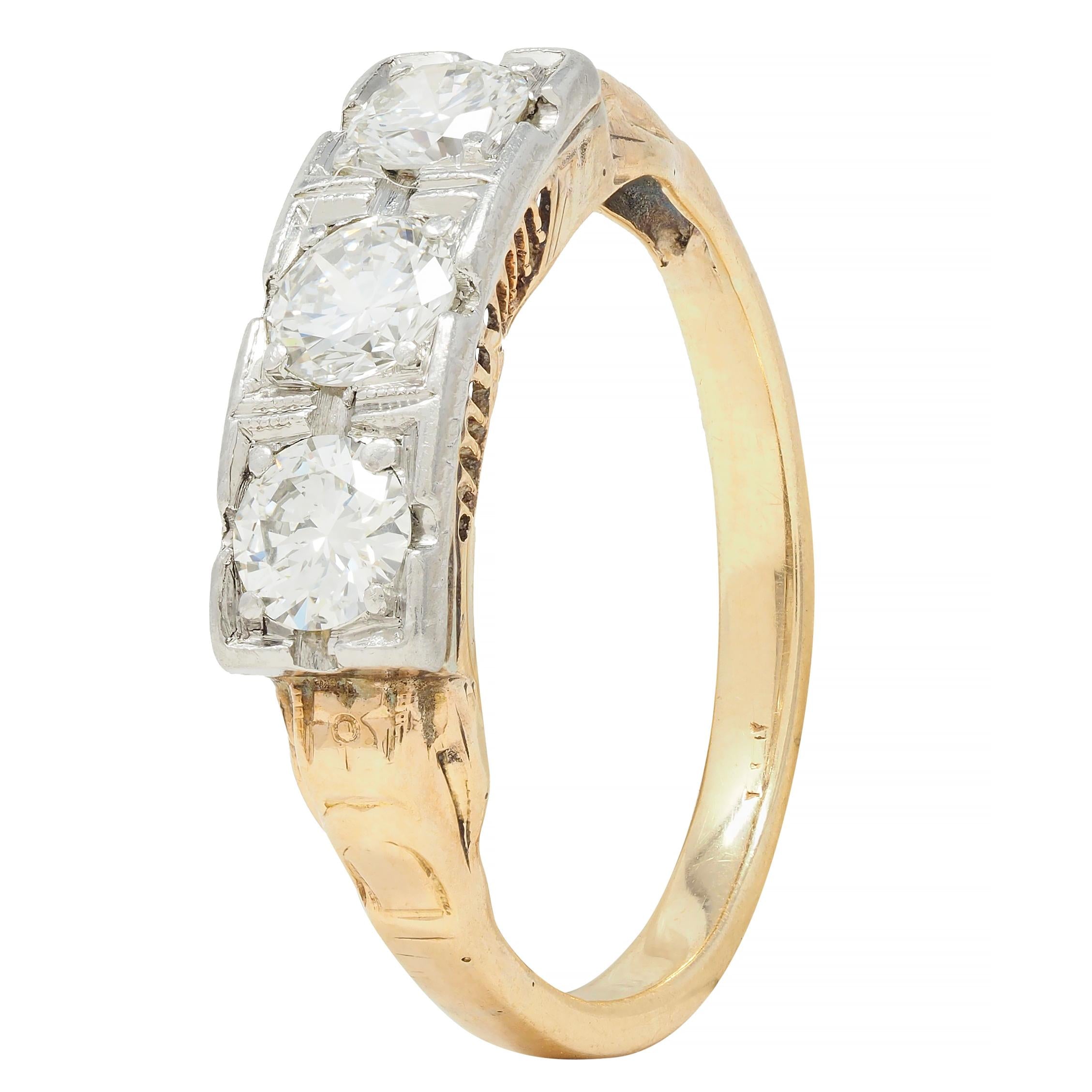 Art Deco 0.60 CTW Diamond Platinum 14 Karat Gold Three Stone Antique Band Ring
