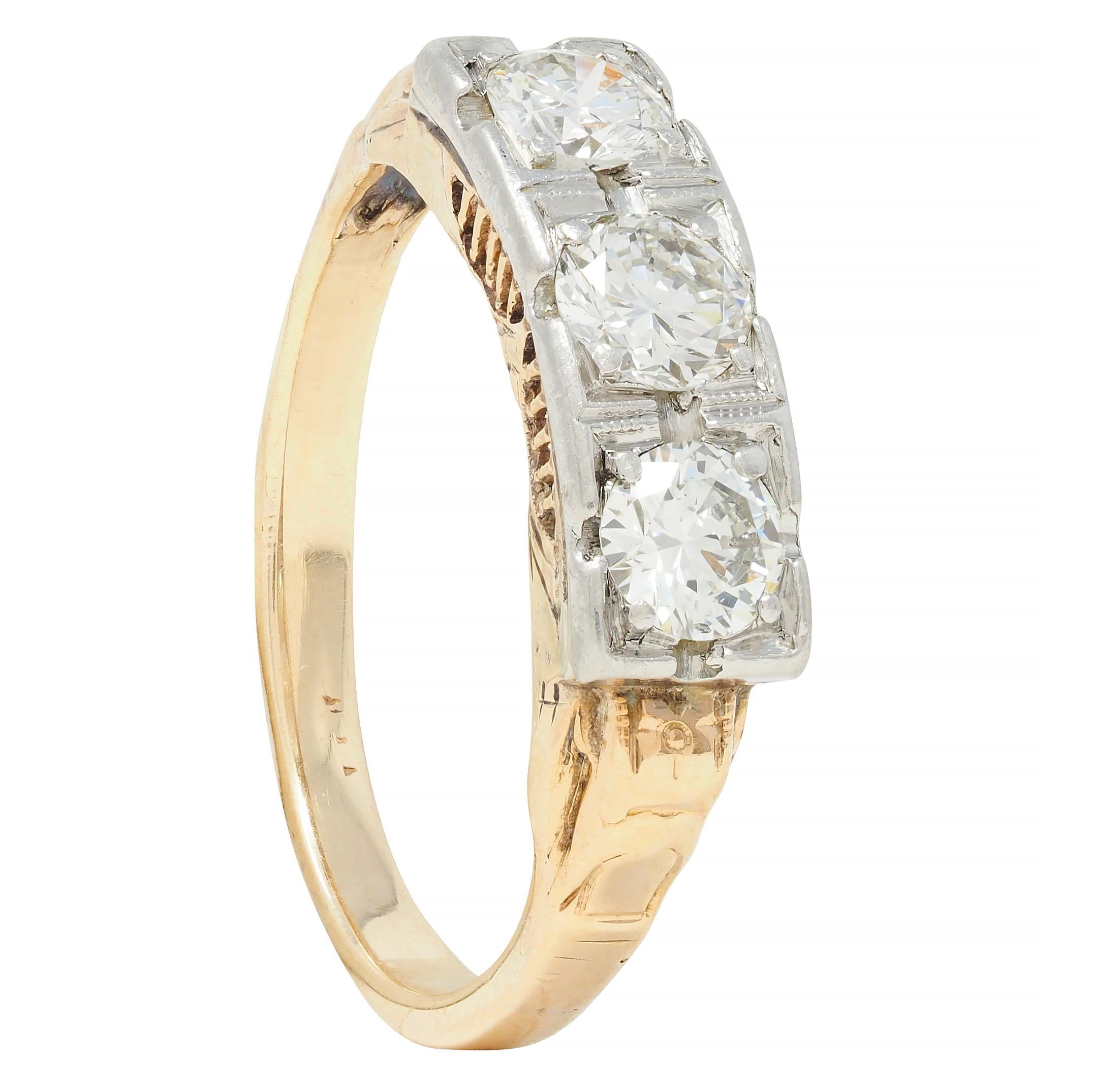 Art Deco 0.60 CTW Diamond Platinum 14 Karat Gold Three Stone Antique Band Ring
