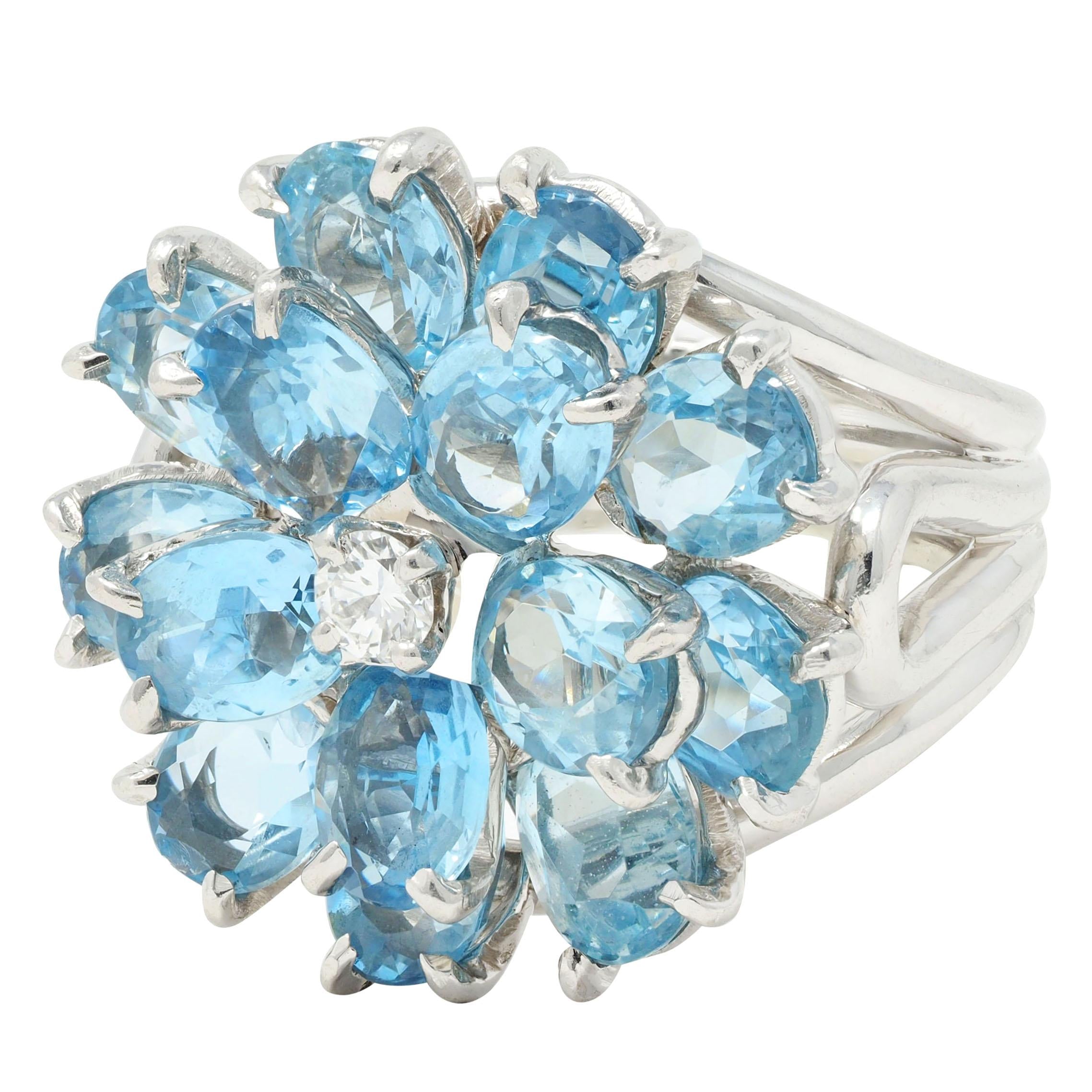 Tiffany & Co. 1960s 5.71 CTW Aquamarine Diamond Platinum Flower Vintage Ring