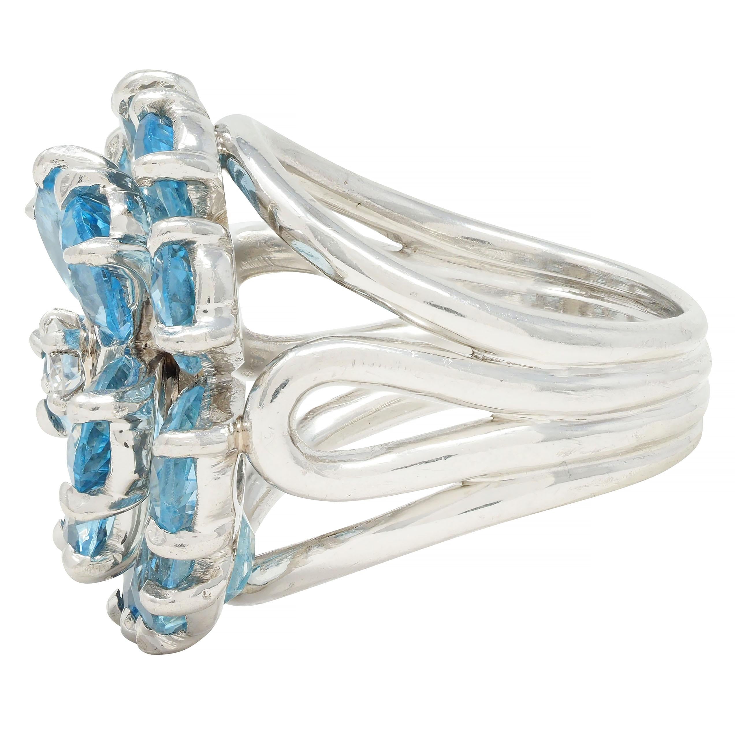 Tiffany & Co. 1960s 5.71 CTW Aquamarine Diamond Platinum Flower Vintage Ring