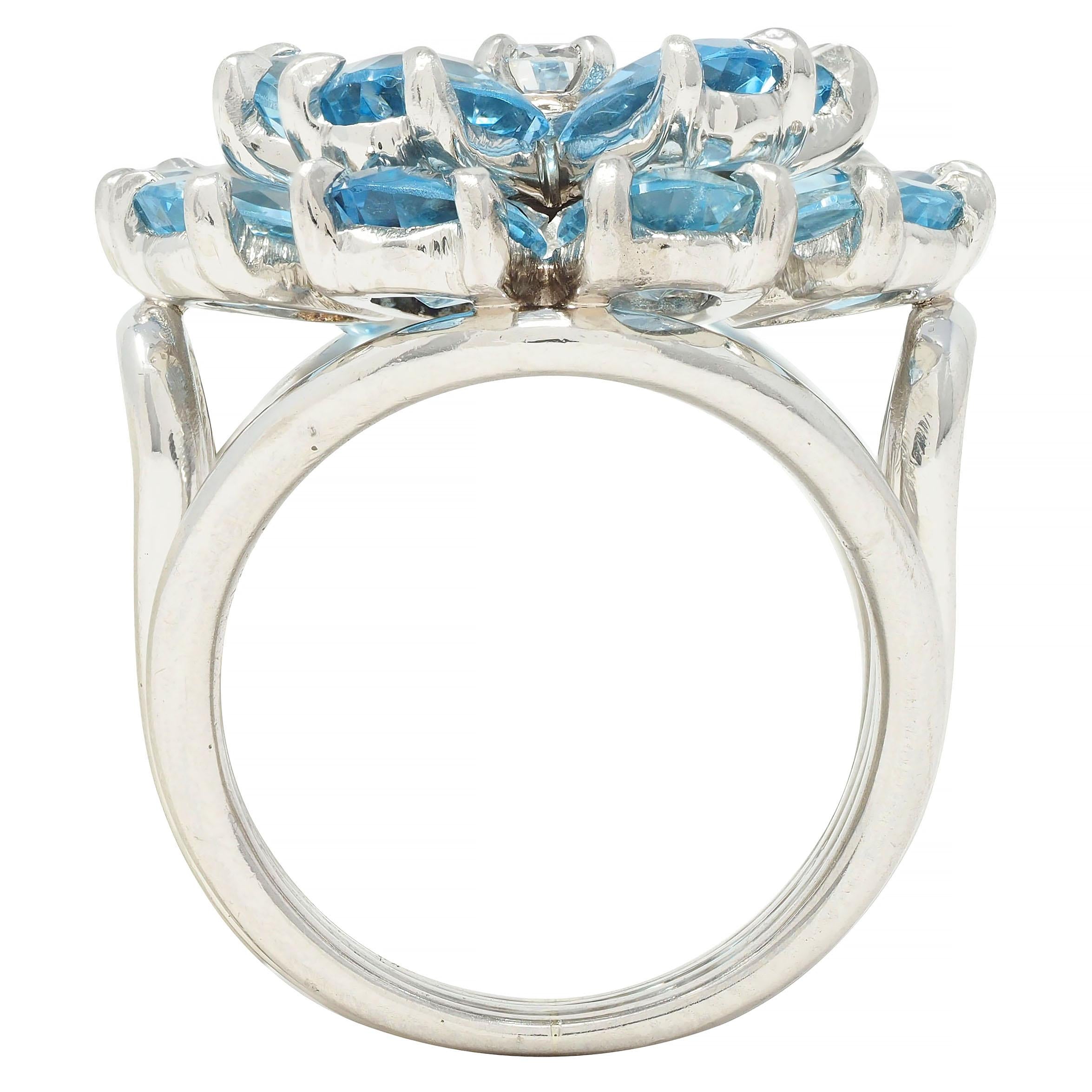 Tiffany & Co. 1960s 5.71 CTW Aquamarine Diamond Platinum Flower Vintage Ring