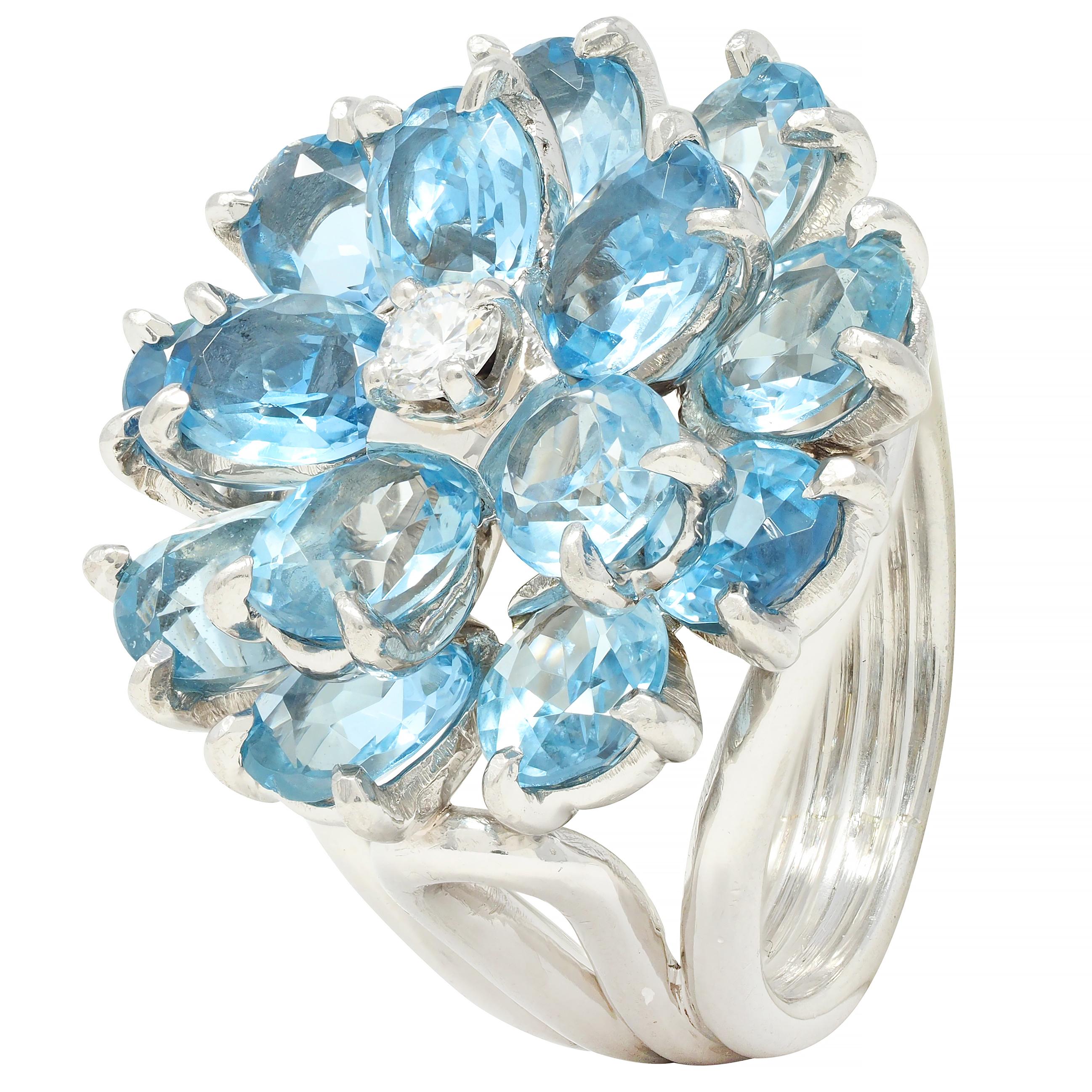 Tiffany & Co. 1960s 5.71 CTW Aquamarine Diamond Platinum Flower Vintage Ring
