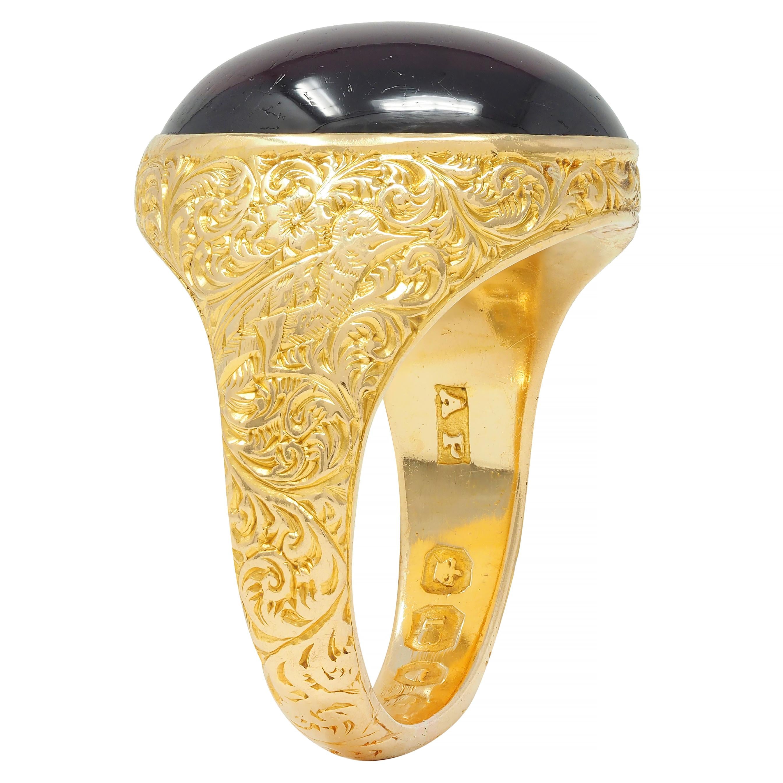 Victorian Garnet Cabochon 18 Karat Yellow Gold Floral Antique Unisex Signet Ring