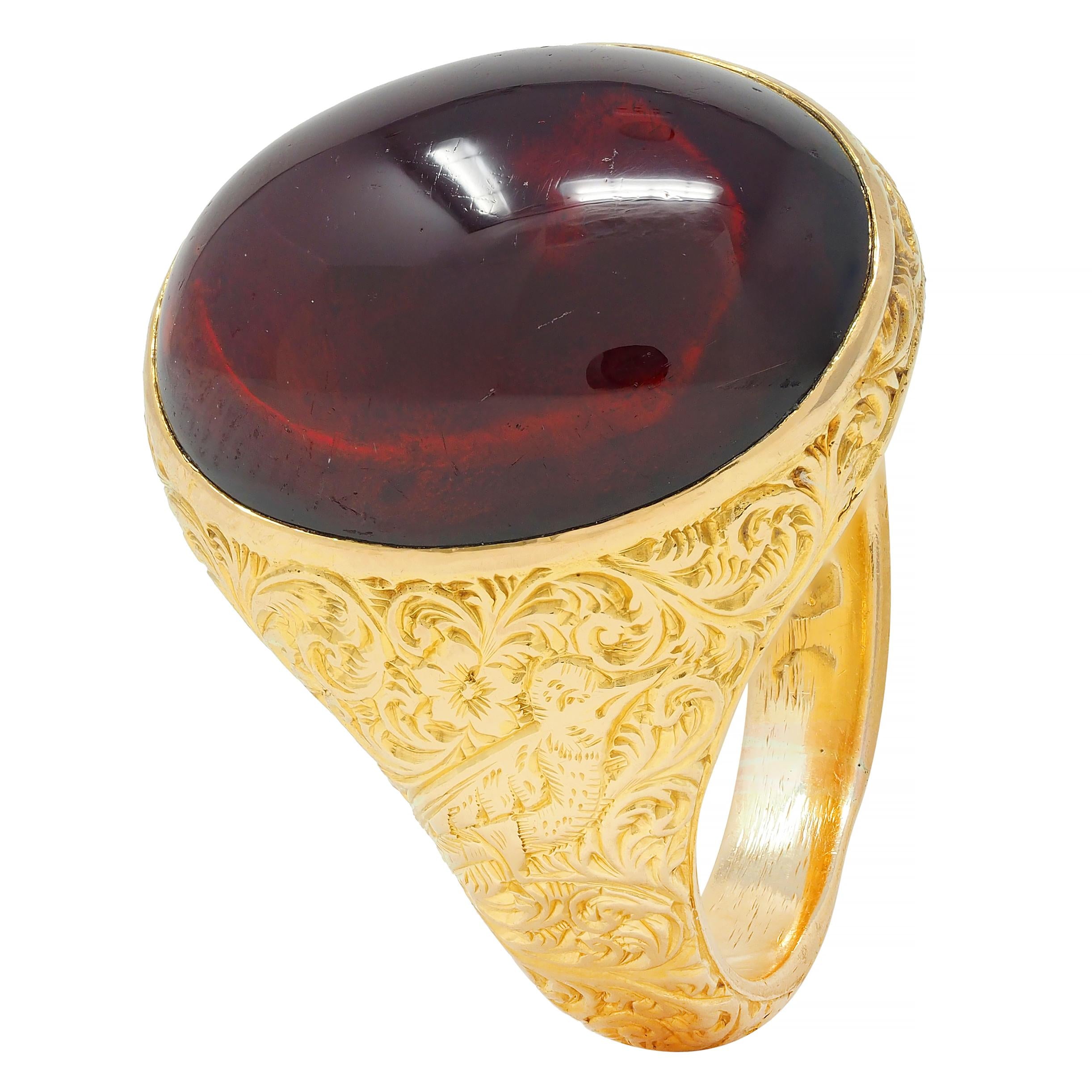 Victorian Garnet Cabochon 18 Karat Yellow Gold Floral Antique Unisex Signet Ring