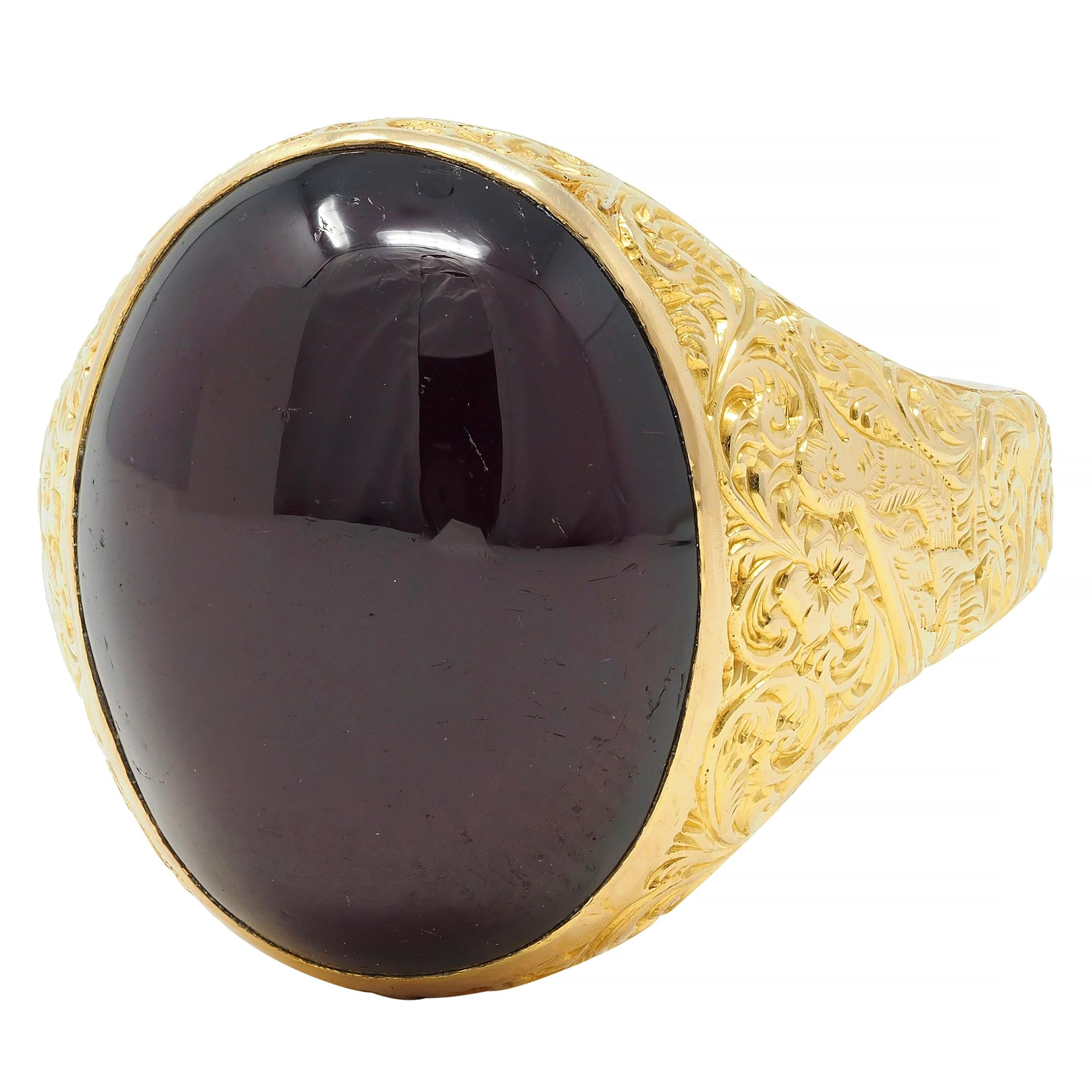 Victorian Garnet Cabochon 18 Karat Yellow Gold Floral Antique Unisex Signet Ring